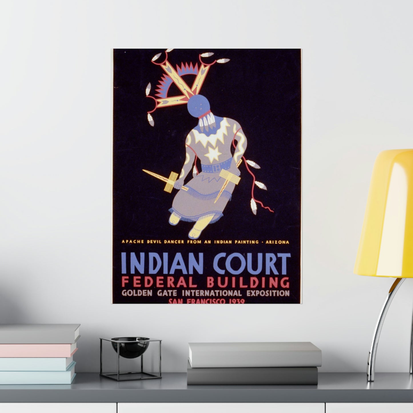 Indian court, Federal Building, Golden Gate International Exposition, San Francisco, 1939 Apache devil dancer from an Indian painting, Arizona / / Siegriest. High Quality Matte Wall Art Poster for Home, Office, Classroom