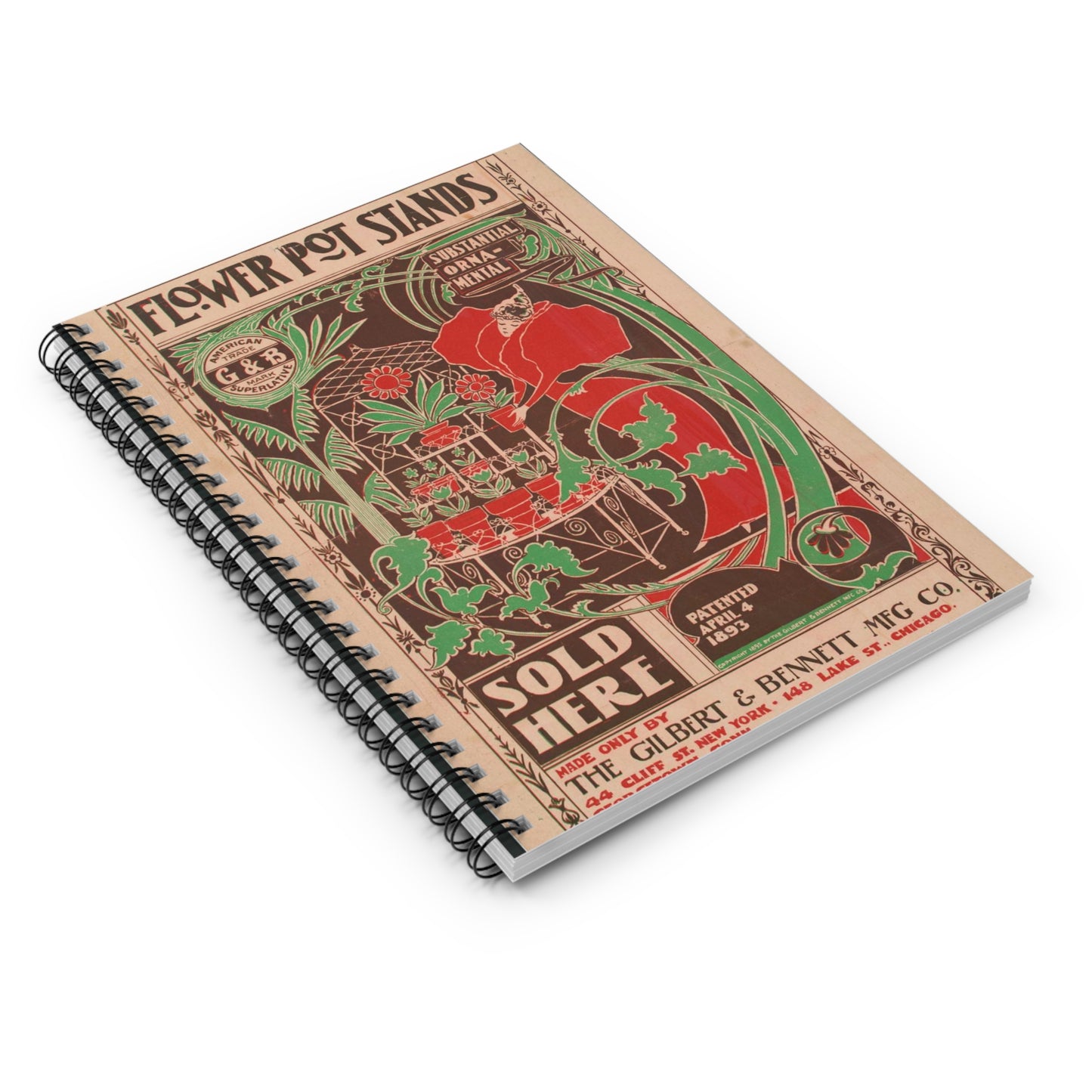 Flower pot stands sold here - Public domain engraving Spiral Bound Ruled Notebook with Printed Cover