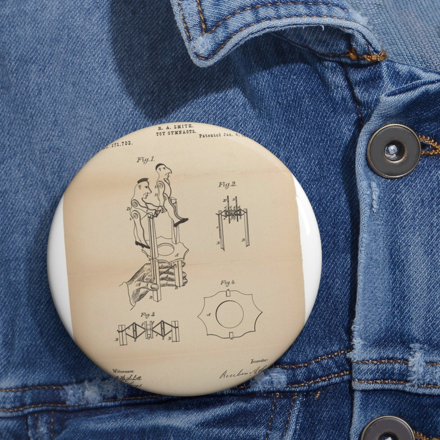 Patent drawing - for a Toy Gymnast Public domain image Pin Buttons with Crisp Design