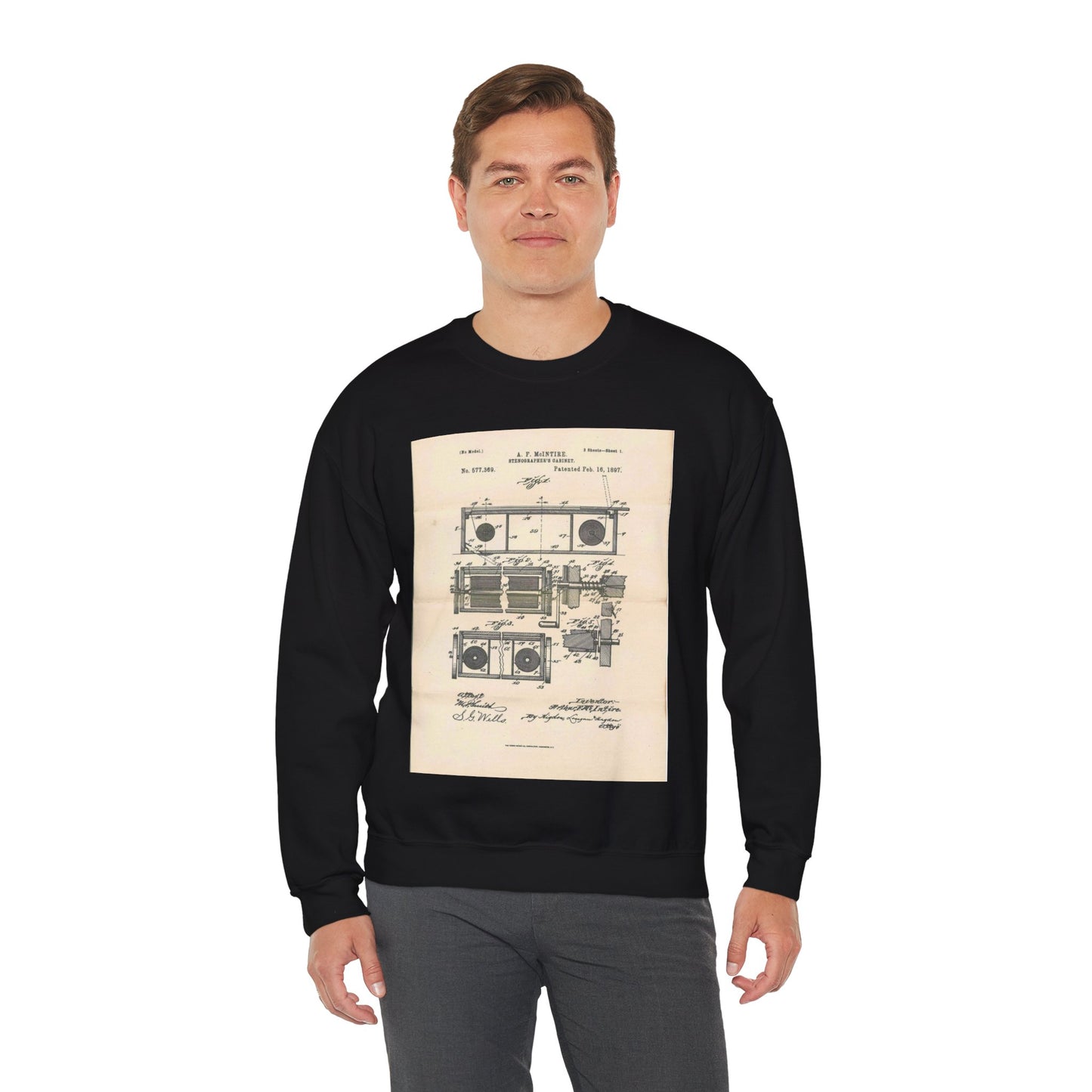 Patent Case File No. 577,369, Stenographer's Cabinet, Inventor- Arthur F. McIntire - DPLA - 2e93a65db0801a68cfced8a4f92d4df6 (page 39) Black Heavy Blend Adult Crew Neck SweatShirt