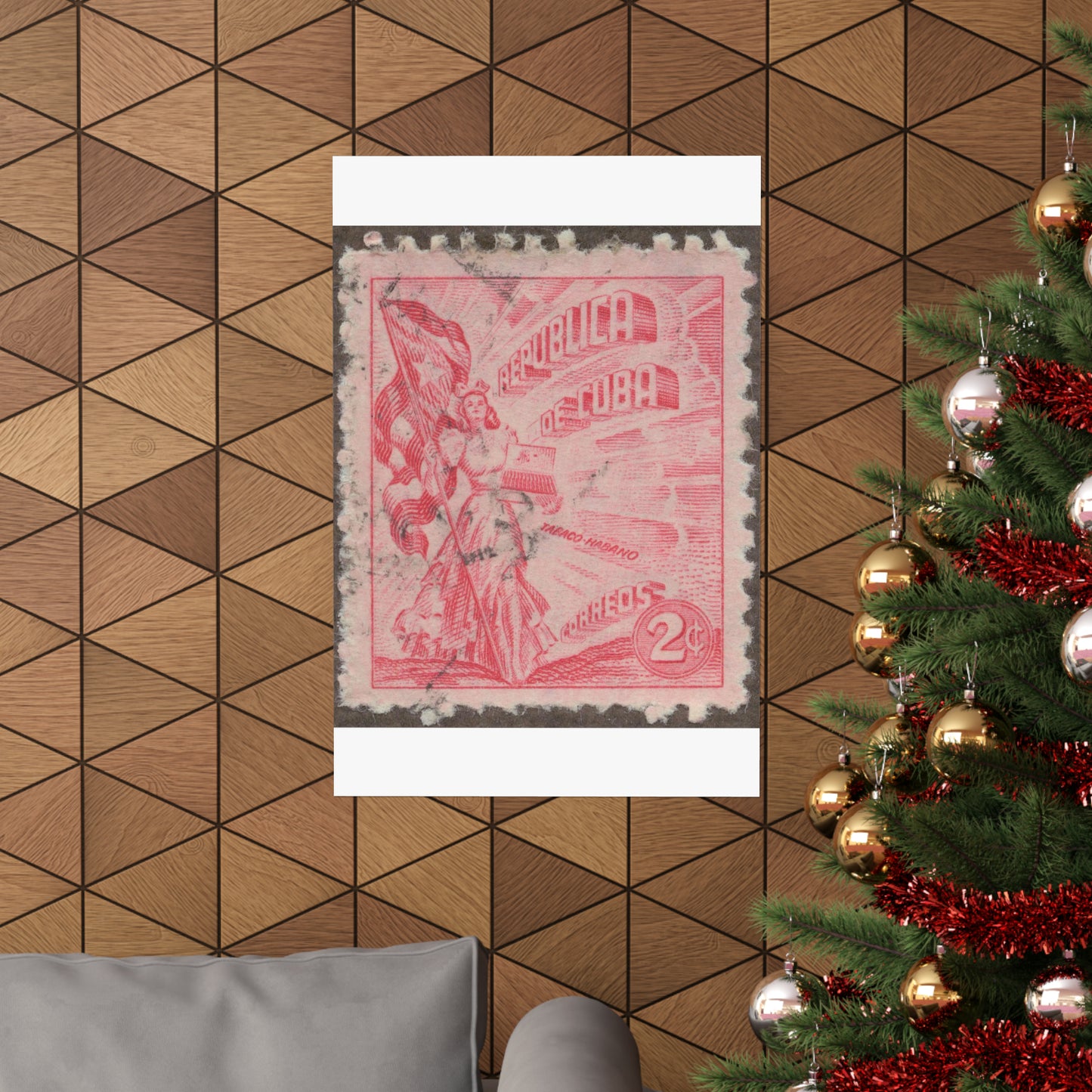 Frimärke ur Gösta Bodmans filatelistiska motivsamling, påbörjad 1950.Frimärke från Cuba, 1948. Motiv av kvinnosymbol för friheten med cigrarrlåda och flagga. High Quality Matte Wall Art Poster for Home, Office, Classroom