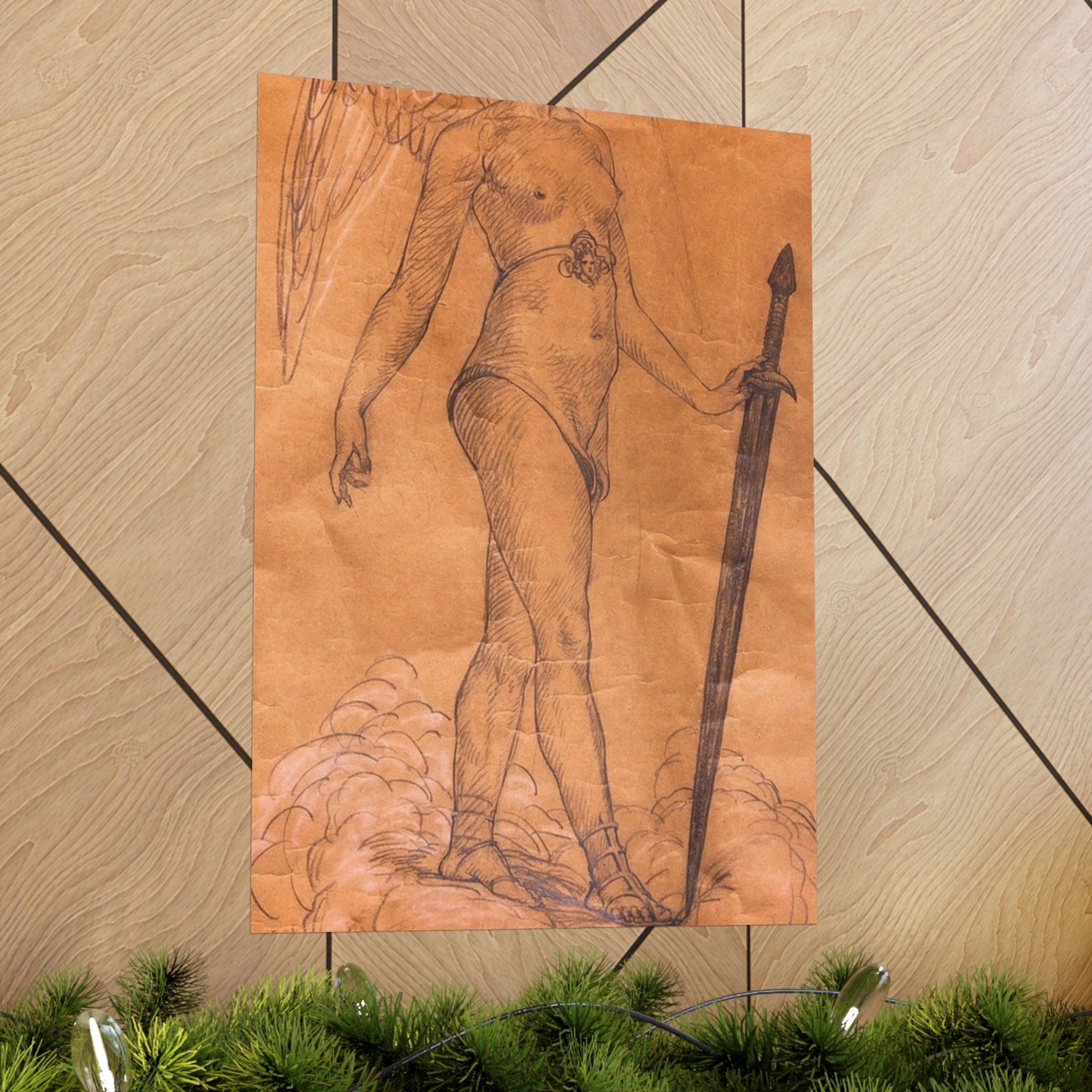 A drawing of an angel holding a sword. Woman breasts sword, beauty fashion. High Quality Matte Wall Art Poster for Home, Office, Classroom