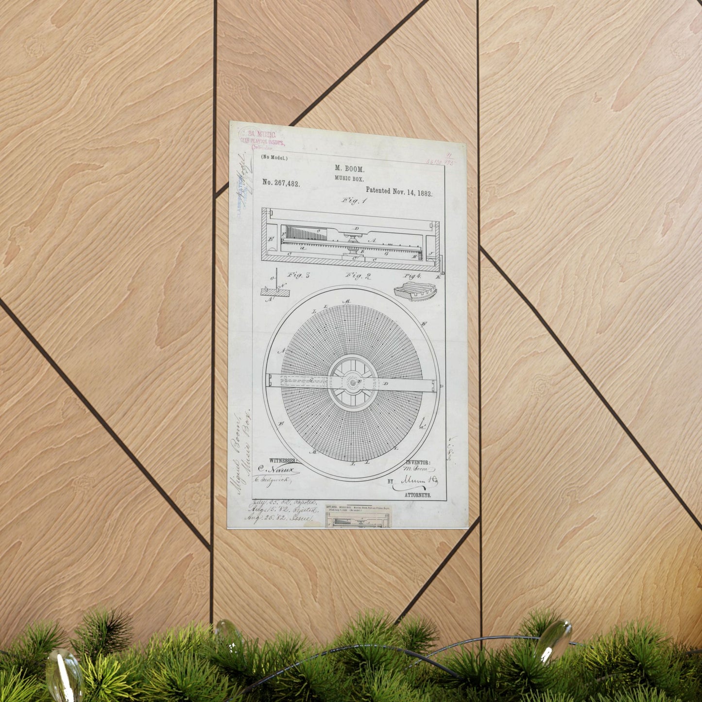 Patent Drawing of Engine - for M. Boom's Music Box Public domain  image High Quality Matte Wall Art Poster for Home, Office, Classroom