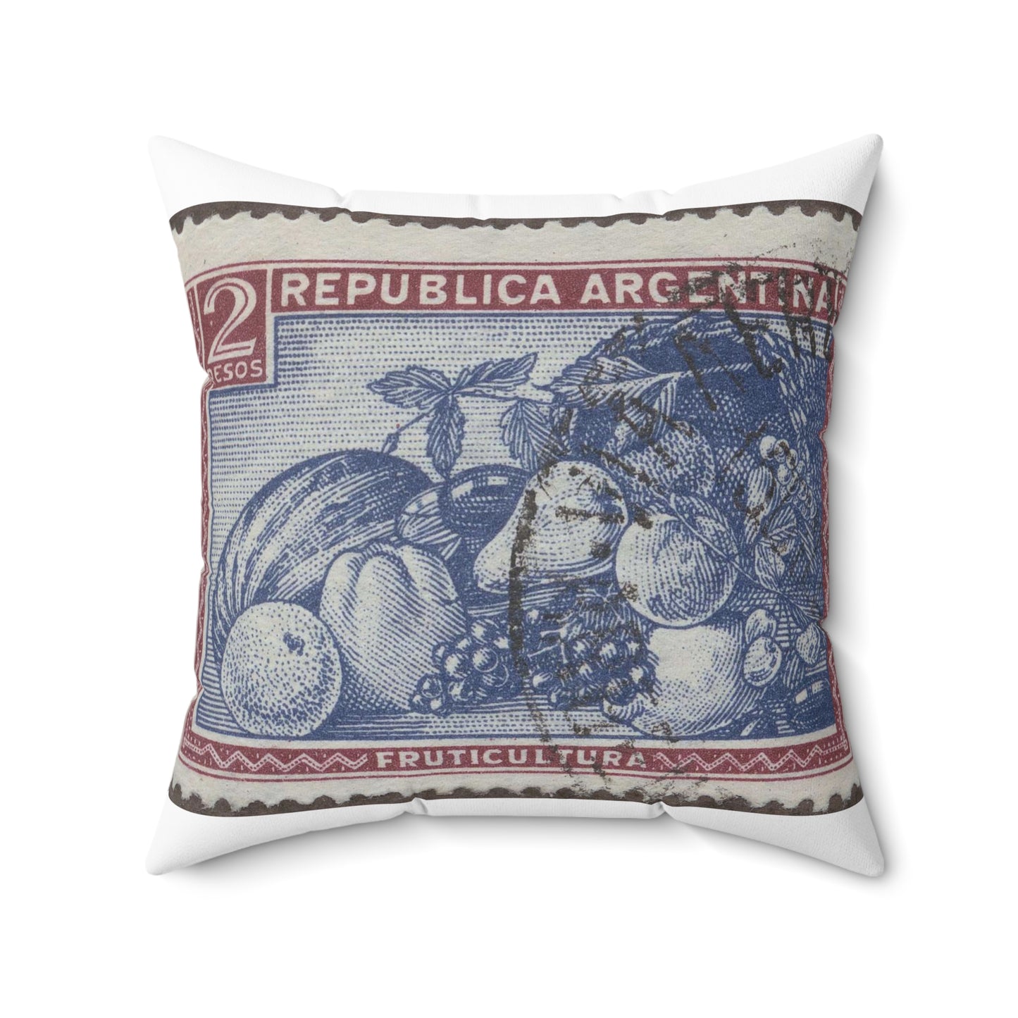 Frimärke ur Gösta Bodmans filatelistiska motivsamling, påbörjad 1950.Frimärke från Argentina, 1935. Motiv av diverse subtrpiska frukter. Decorative Accent Square Pillow