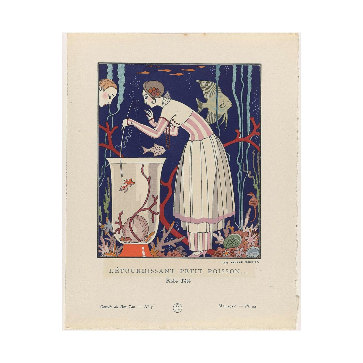 Gazette du Bon Ton, 1914 - No. 5, Pl. 44: L'étourdissant petit poisson (...) / Robe d'été High Quality Matte Wall Art Poster for Home, Office, Classroom