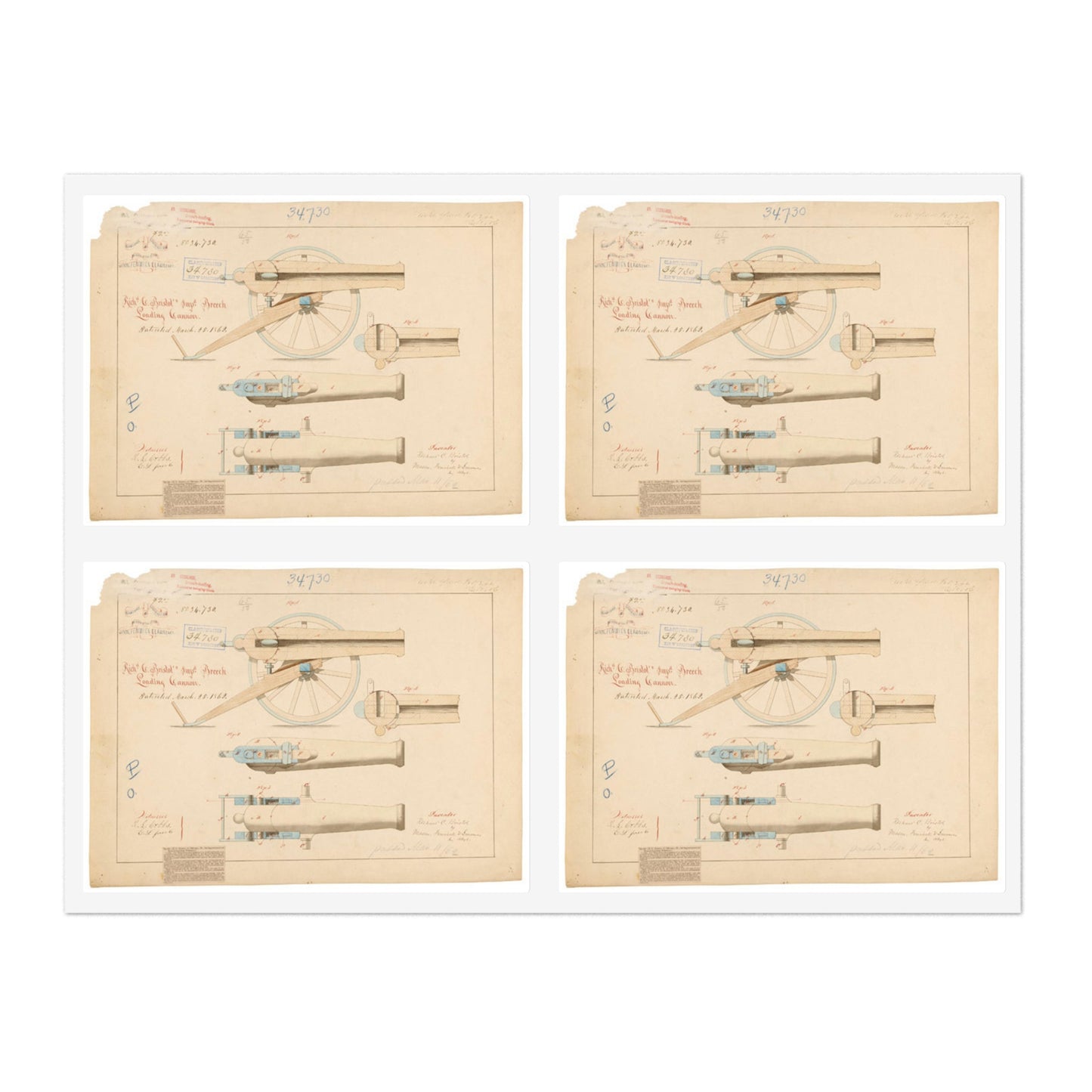 Patent drawing - Drawing of Improved Breech Loading Cannon Public domain  image Laminated UV Protective Vinyl Stickers