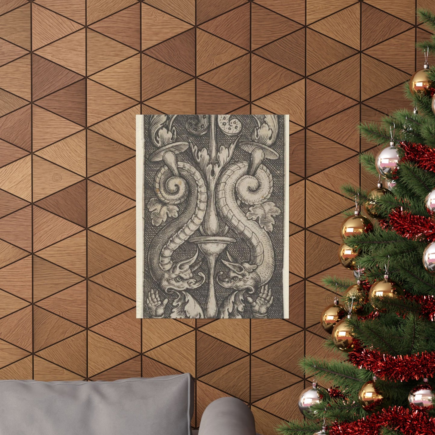 Vertical Panel with a Candelabrum Stemming from a Leaf-Faced Grostesque at Bottom High Quality Matte Wall Art Poster for Home, Office, Classroom