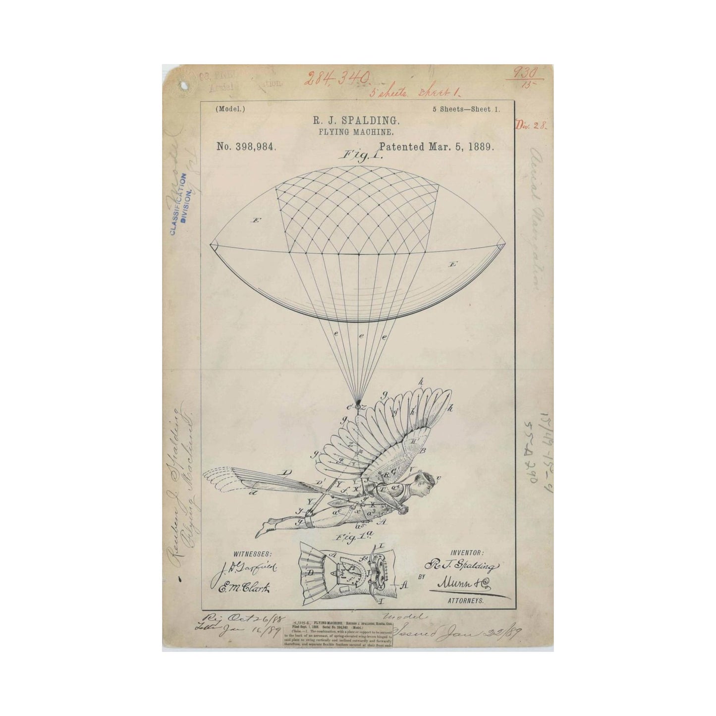 Patent drawing - for R. J. Spalding's Flying Machine Public domain  image High Quality Matte Wall Art Poster for Home, Office, Classroom