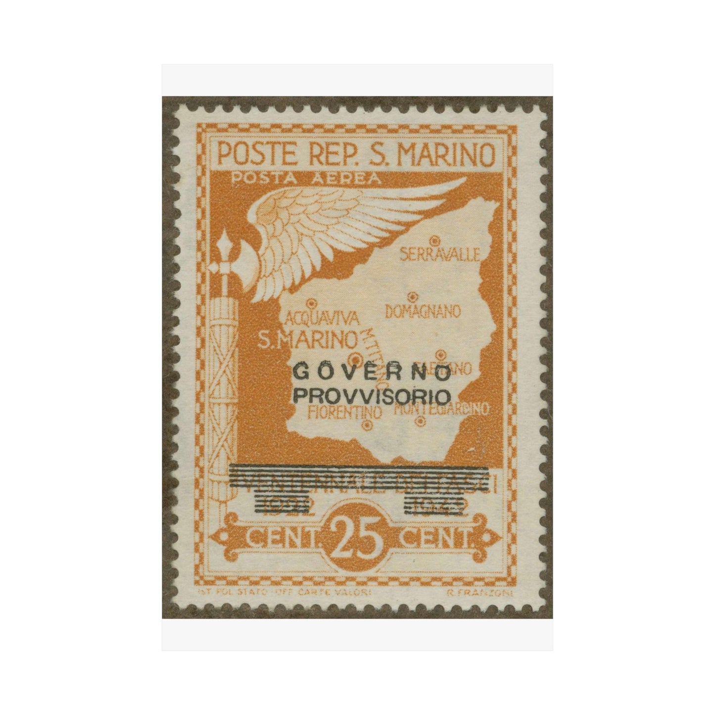 Frimärke ur Gösta Bodmans filatelistiska motivsamling, påbörjad 1950.Frimärke från San Marino, 1943. Motiv av karta över San Marino. Flygsymbol. "Minne av statskuppen 28 juli 1943". High Quality Matte Wall Art Poster for Home, Office, Classroom