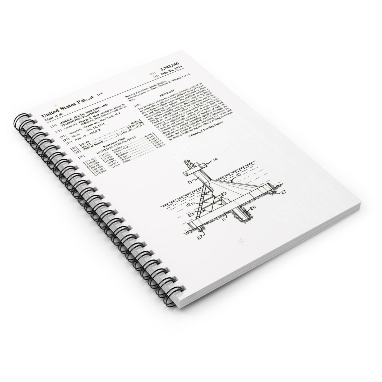 Patent Case File No. 3,793,840, Mobile Arctic Drilling and Production Platform, Inventor(s)- George E. Mott and James P. Wilbourn. - DPLA - 8f260bf2cd8926afbf4da017454f39b3 (page 6) Spiral Bound Ruled Notebook with Printed Cover