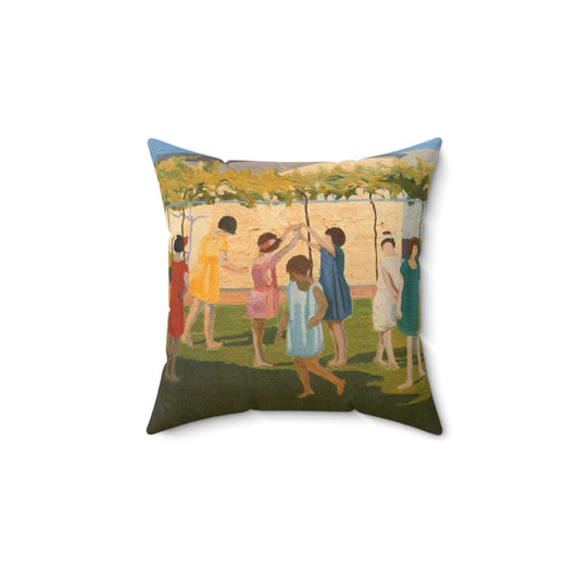 Petrona Viera - A painting of a group of children playing with a kite Decorative Accent Square Pillow