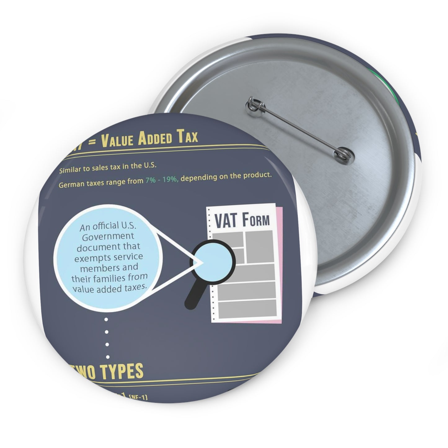 What is VAT? - A poster with a lot of different things on it Pin Buttons with Crisp Design