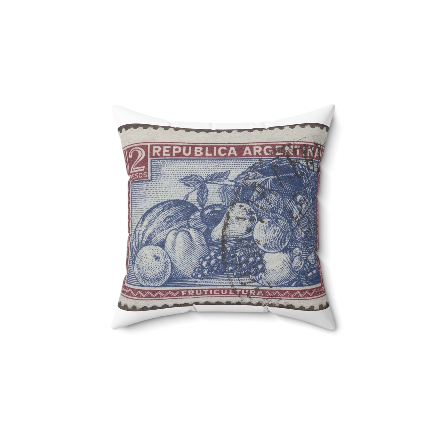 Frimärke ur Gösta Bodmans filatelistiska motivsamling, påbörjad 1950.Frimärke från Argentina, 1935. Motiv av diverse subtrpiska frukter. Decorative Accent Square Pillow