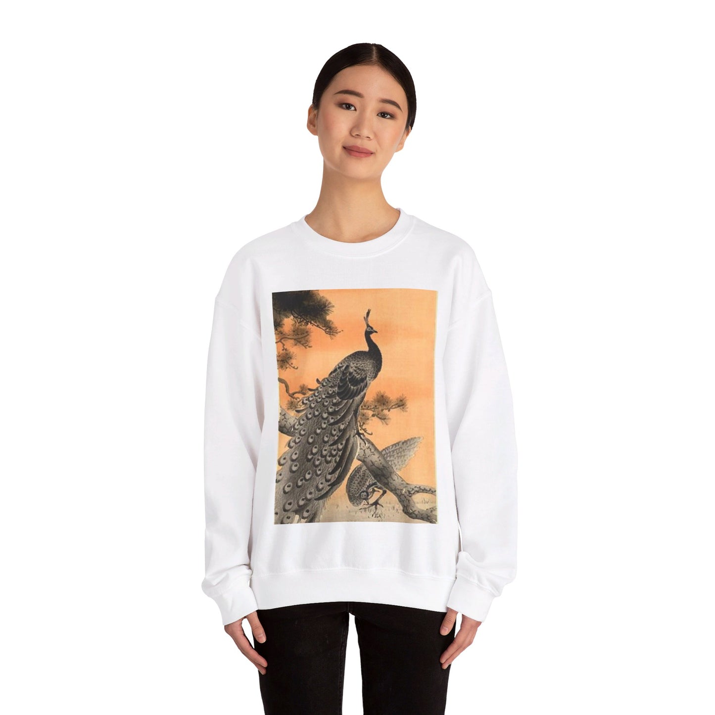 Koson - peacock-and-hen, Ohara Koson White Heavy Blend Adult Crew Neck SweatShirt