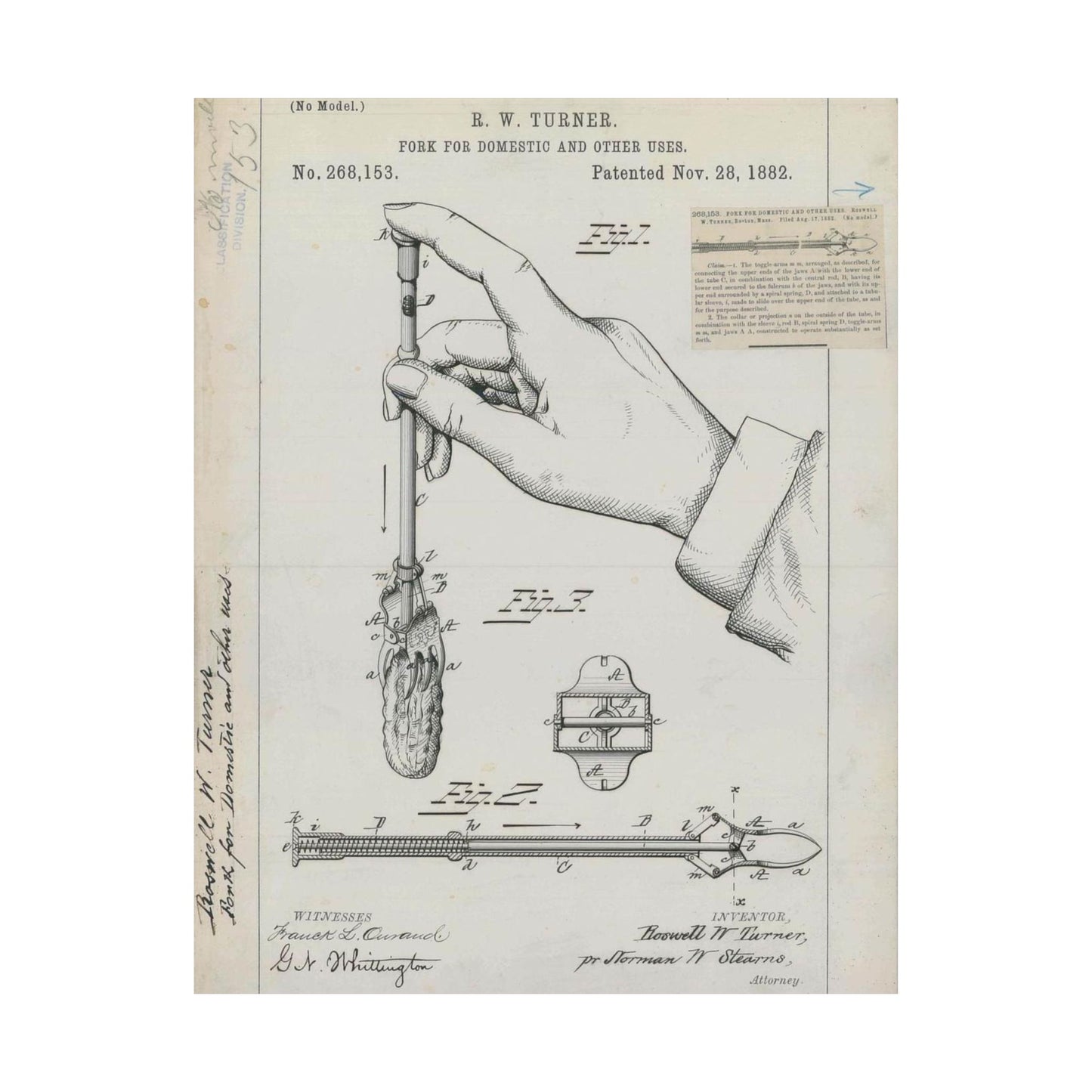 Patent drawing - for R. W. Turner's Fork for Domestic and Other Uses Public domain  image High Quality Matte Wall Art Poster for Home, Office, Classroom