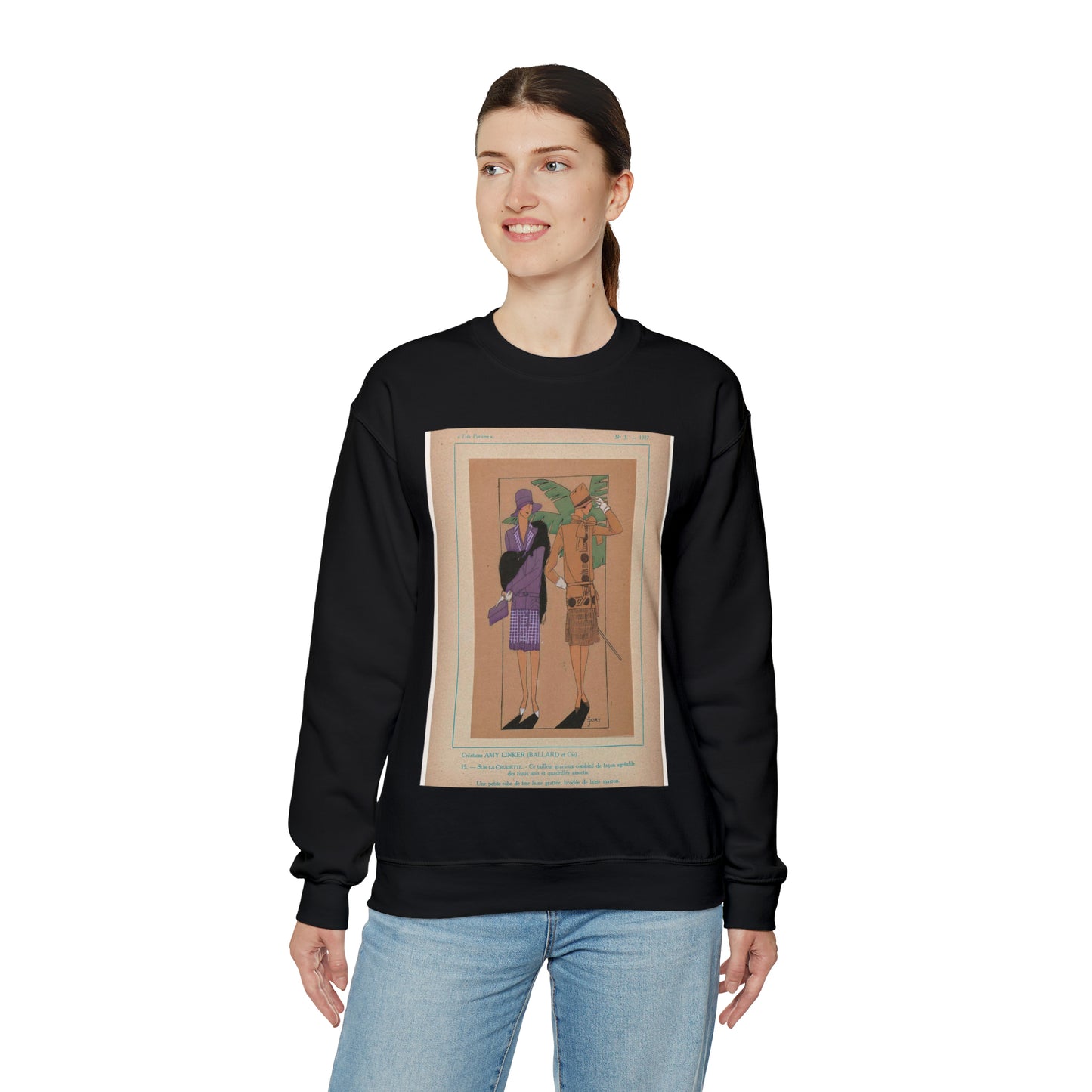 Très Parisien, 1927, No. 3, Pl. 15: Créations AMY LINKER (BALLARD et Cie) - SUR LA CROISETTE Black Heavy Blend Adult Crew Neck SweatShirt