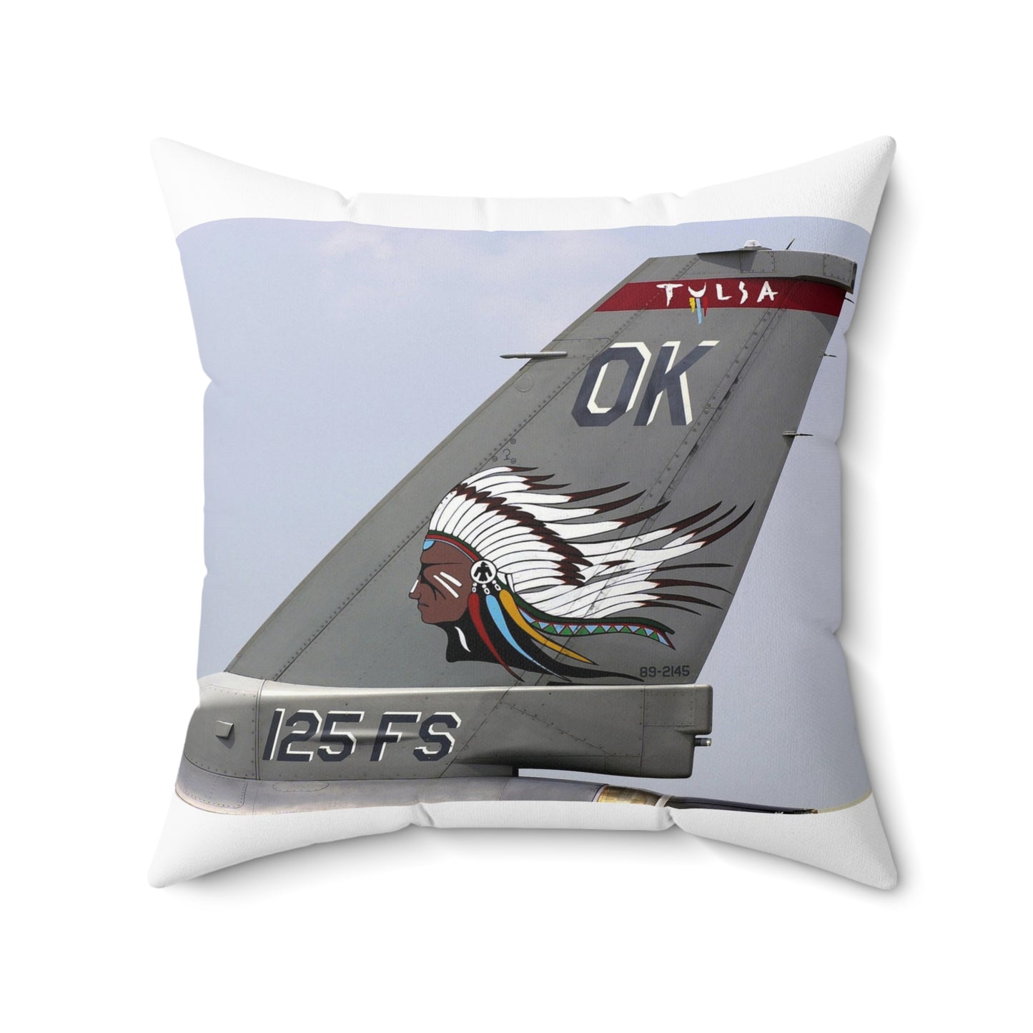 The tail flash of a F-16 Fighting Falcon aircraft from the 125th Fighter Squadron (FS), 138th Fighter Wing (FW), Oklahoma (OK), Air National Guard (ANG) Decorative Accent Square Pillow