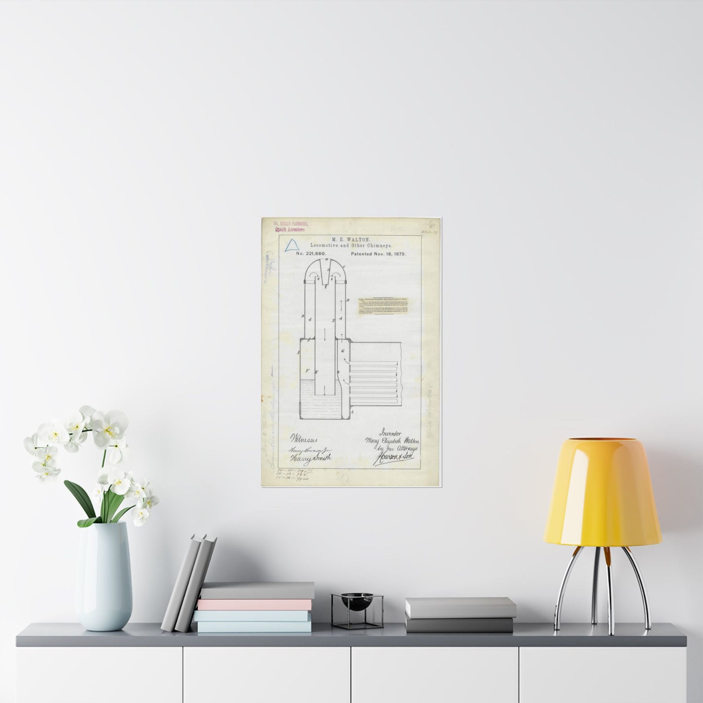 Patent Drawing of Engine - for M. E. Walton's Locomotive and Other Chimneys Public domain  image High Quality Matte Wall Art Poster for Home, Office, Classroom