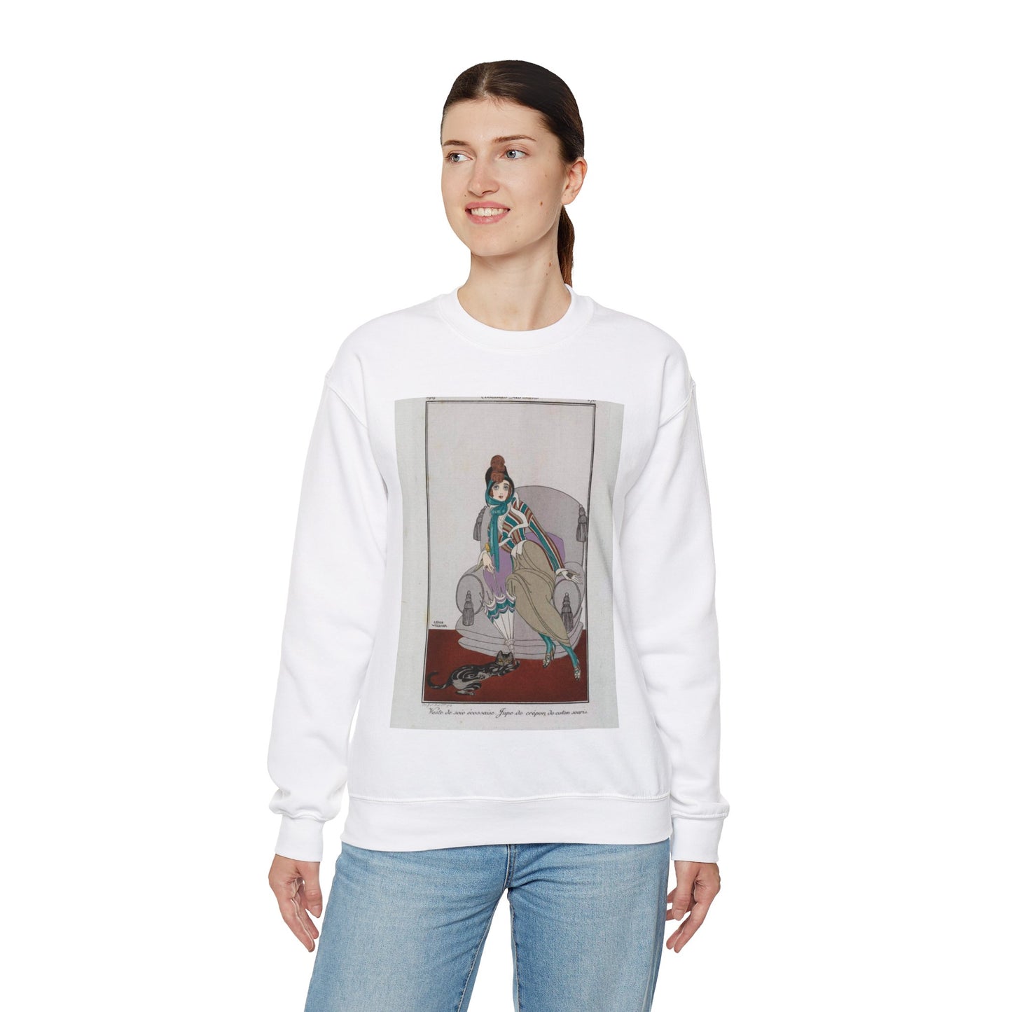 Jacket and skirt (Veste de soie écossaise. Jupe de crépon de coton souris) (CBL WEp 0946) White Heavy Blend Adult Crew Neck SweatShirt