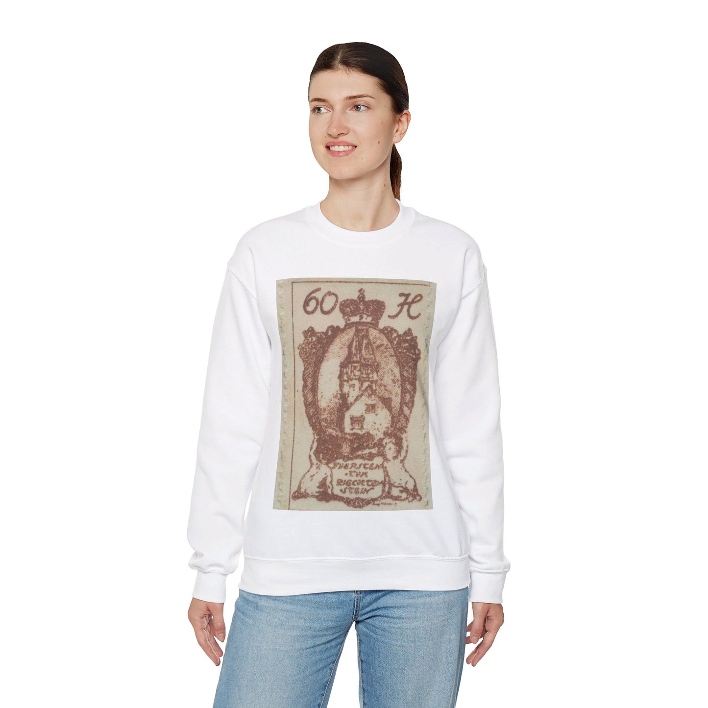 Frimärke ur Gösta Bodmans filatelistiska motivsamling, påbörjad 1950.Frimärke från Liechtenstein, 1920. Motiv av Röda Tornet i Vaduz. White Heavy Blend Adult Crew Neck SweatShirt