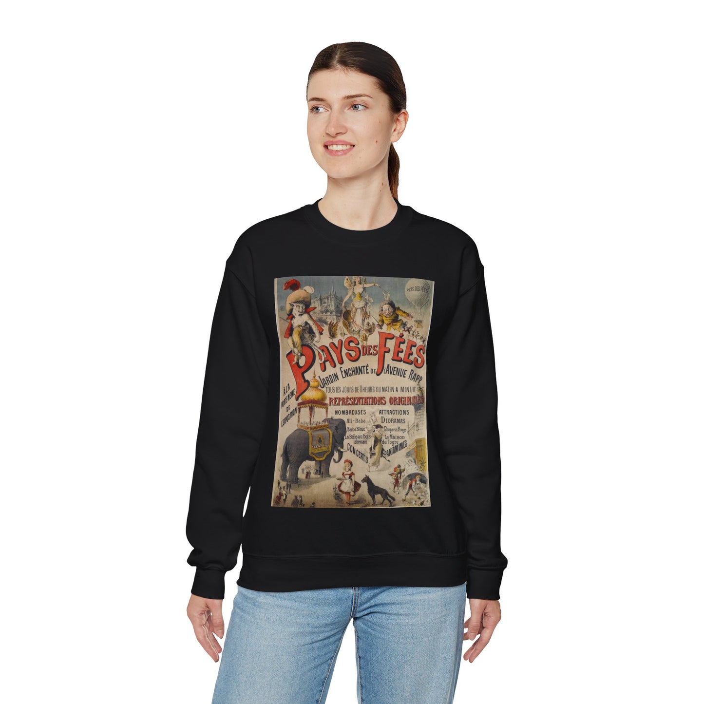 PAYS DES FEES/ JARDIN ENCHANTE DE L'AVENUE RAPP/ TOUS LES JOURS DE 11 HEURES DU MATIN A MINUIT/ REPRESENTATIONS ORIGINALES/ NOMBREUSES ATTRACTIONS/ DIORAMAS Black Heavy Blend Adult Crew Neck SweatShirt