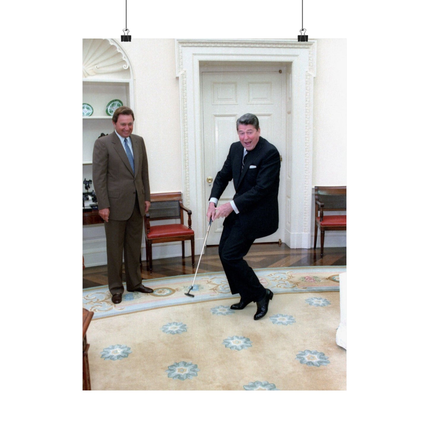 President Ronald Reagan Putting a Golf Ball with Raymond Floyd Looking on in the Oval Office High Quality Matte Wall Art Poster for Home, Office, Classroom
