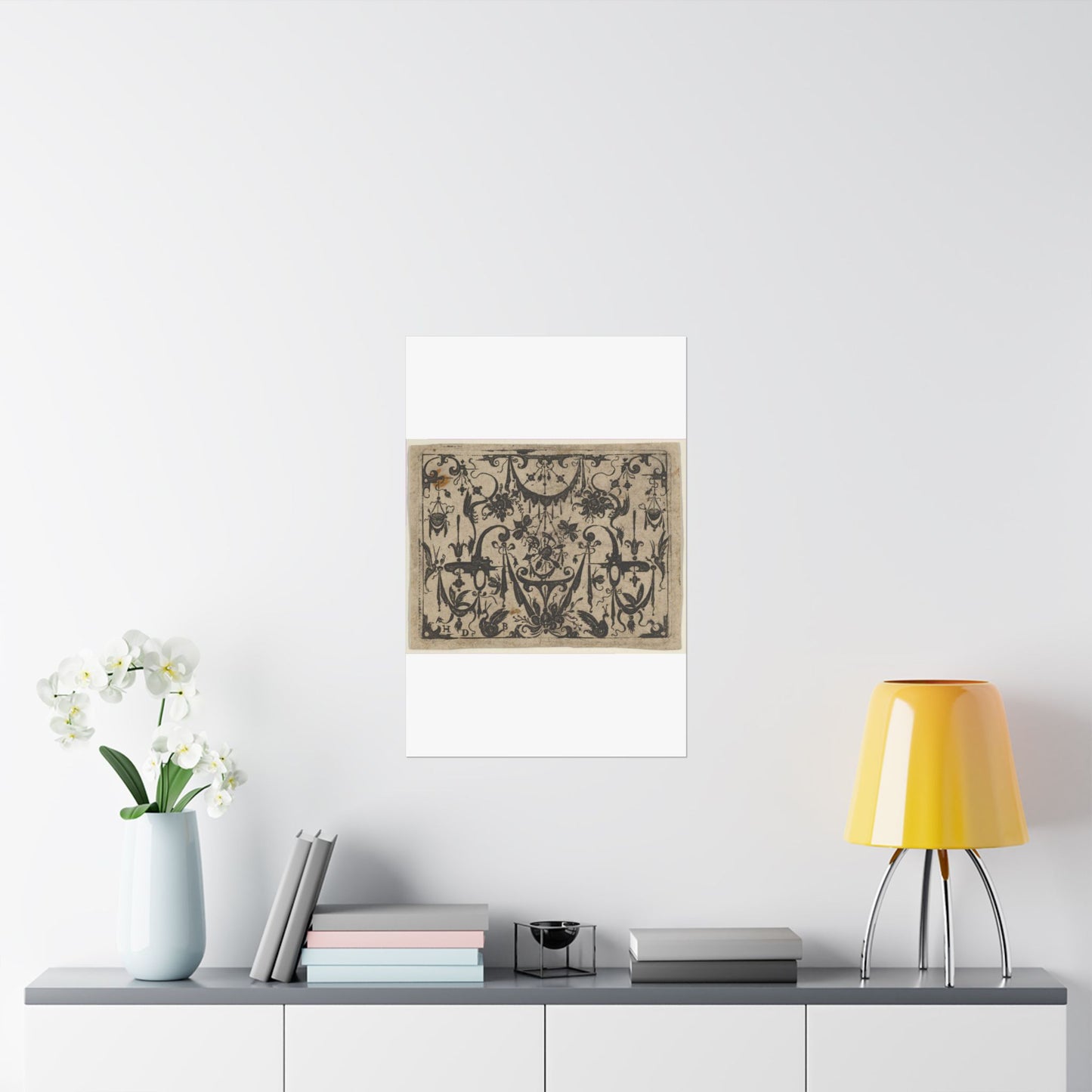 Blackwork Print with a Trophy at Center Surrounded by Grotesques and Swag Drapery High Quality Matte Wall Art Poster for Home, Office, Classroom