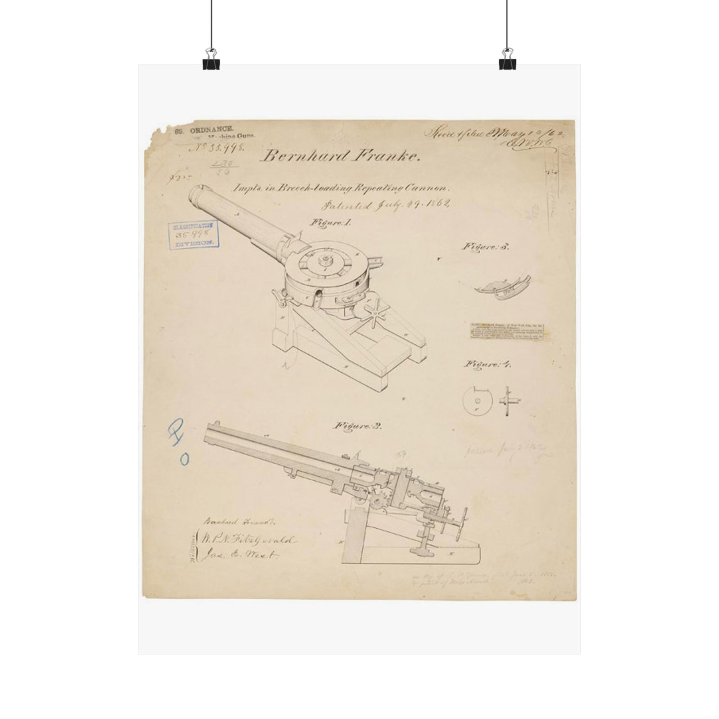 Patent drawing - Drawing of Improvements in Breech-Loading Repeating Cannon Public domain  image High Quality Matte Wall Art Poster for Home, Office, Classroom