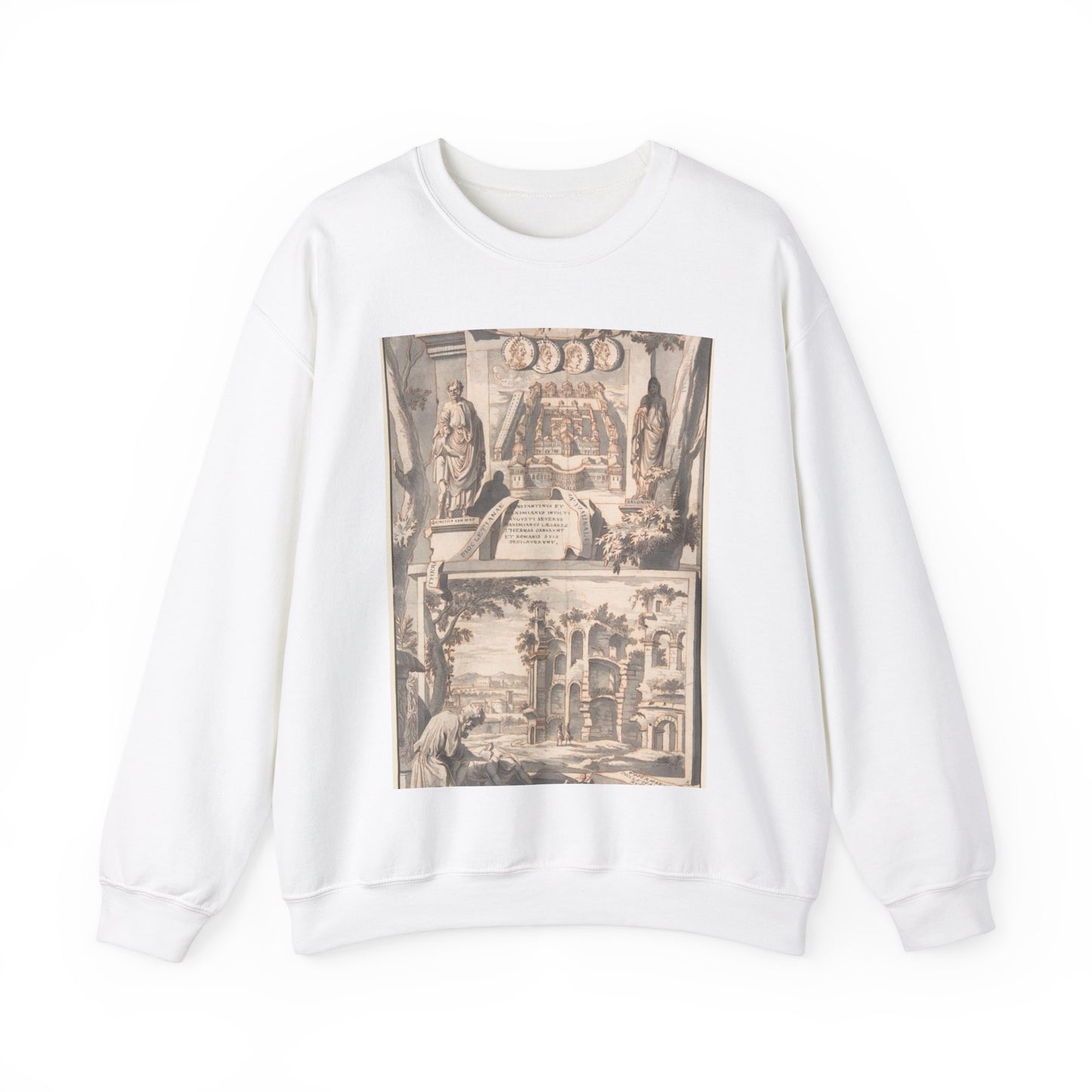 A Reconstruction of the Thermae of Diocletian (above) and a View of the Ruins (below) White Heavy Blend Adult Crew Neck SweatShirt