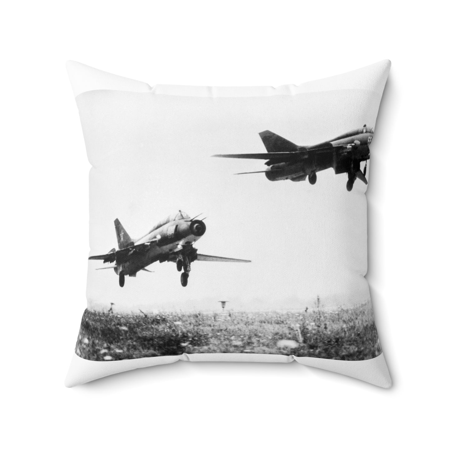 A right side view of a Soviet Su-17 Fitter-G, right, and a Fitter-H aircraft taking off together Decorative Accent Square Pillow