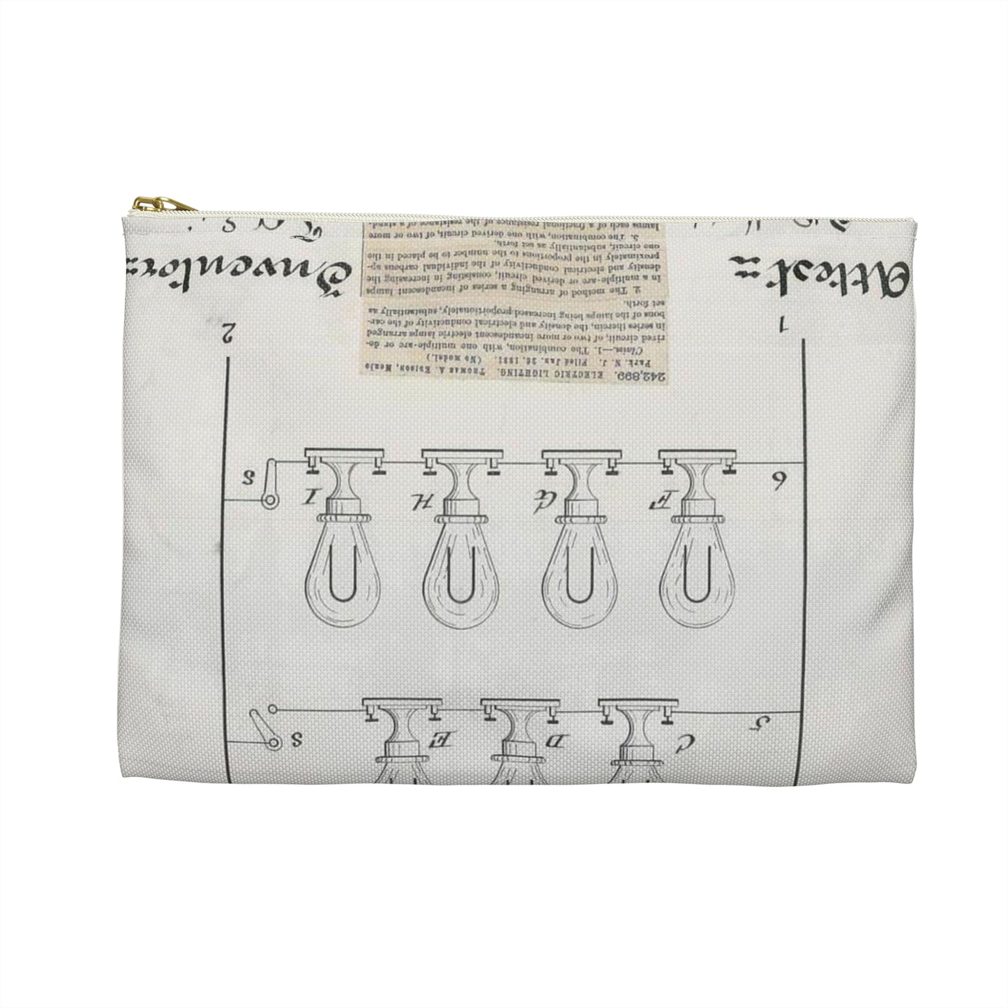 Patent drawing - for T. A. Edison's Electric Lighting Public domain  image Large Organizer Pouch with Black Zipper