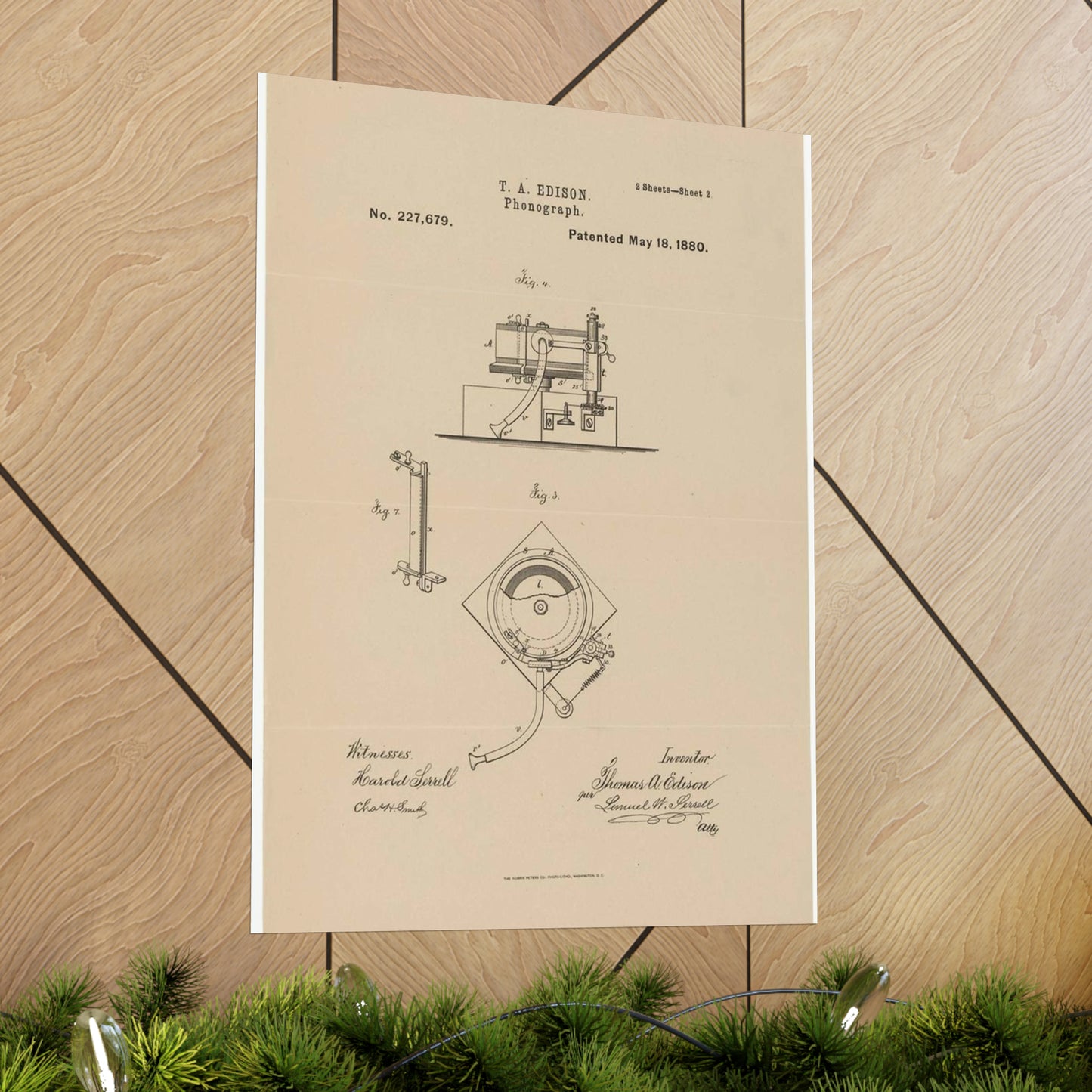 Patent Drawing of Engine - Drawing for a Phonograph Public domain  image High Quality Matte Wall Art Poster for Home, Office, Classroom