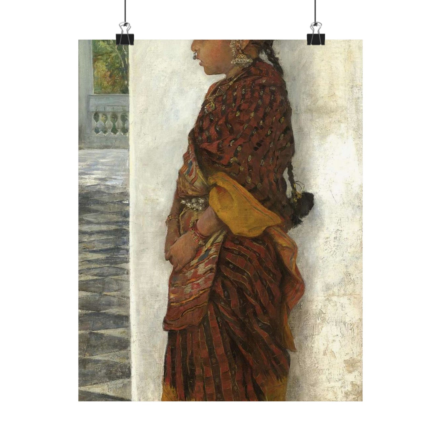 Hermann Linde - Girl standing in a veranda wearing a Pochampalli sari (ca.1895) High Quality Matte Wall Art Poster for Home, Office, Classroom