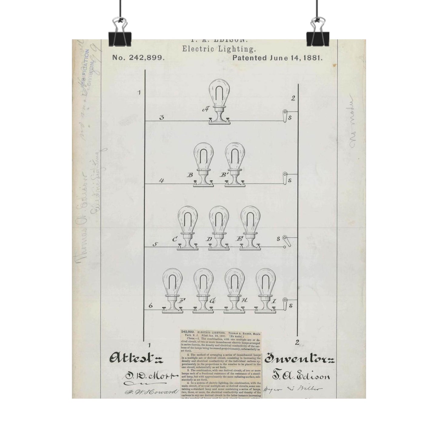 Patent drawing - for T. A. Edison's Electric Lighting Public domain  image High Quality Matte Wall Art Poster for Home, Office, Classroom