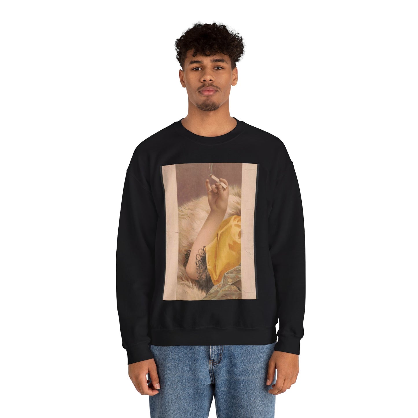 Arm of woman holding a lit cigarette Black Heavy Blend Adult Crew Neck SweatShirt