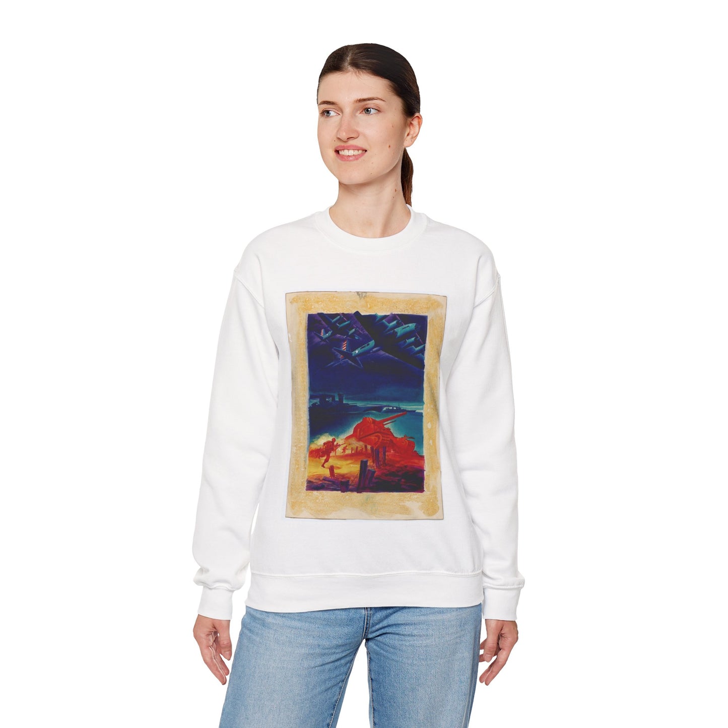 [Infantry, tanks, ships, airplanes attacking] [R.G.] White Heavy Blend Adult Crew Neck SweatShirt