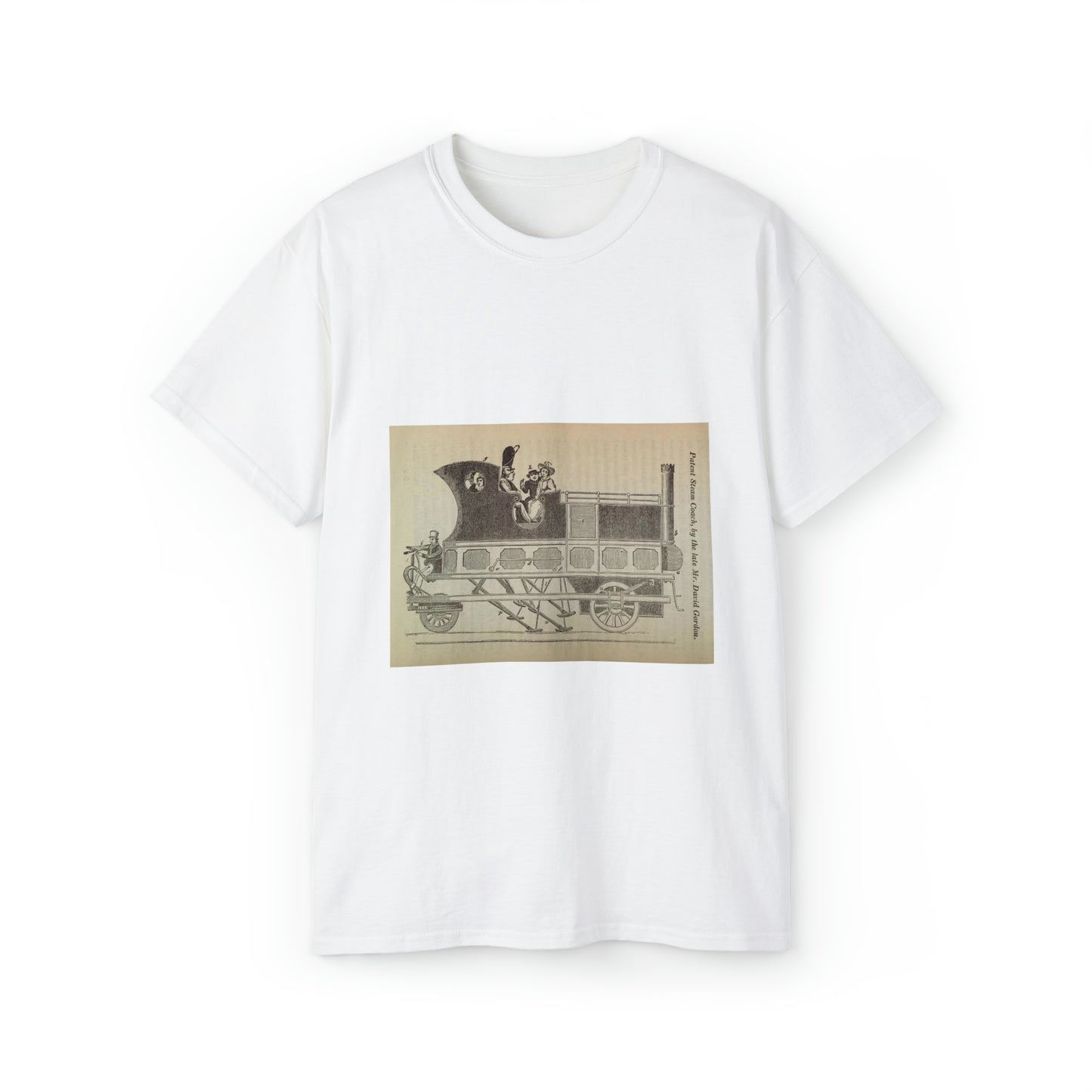 Patent Drawing of Engine - Patent steam coach, by the late Mr. David Gordon Public domain  image White T-Shirt Gildan 2000 Cotton Unisex