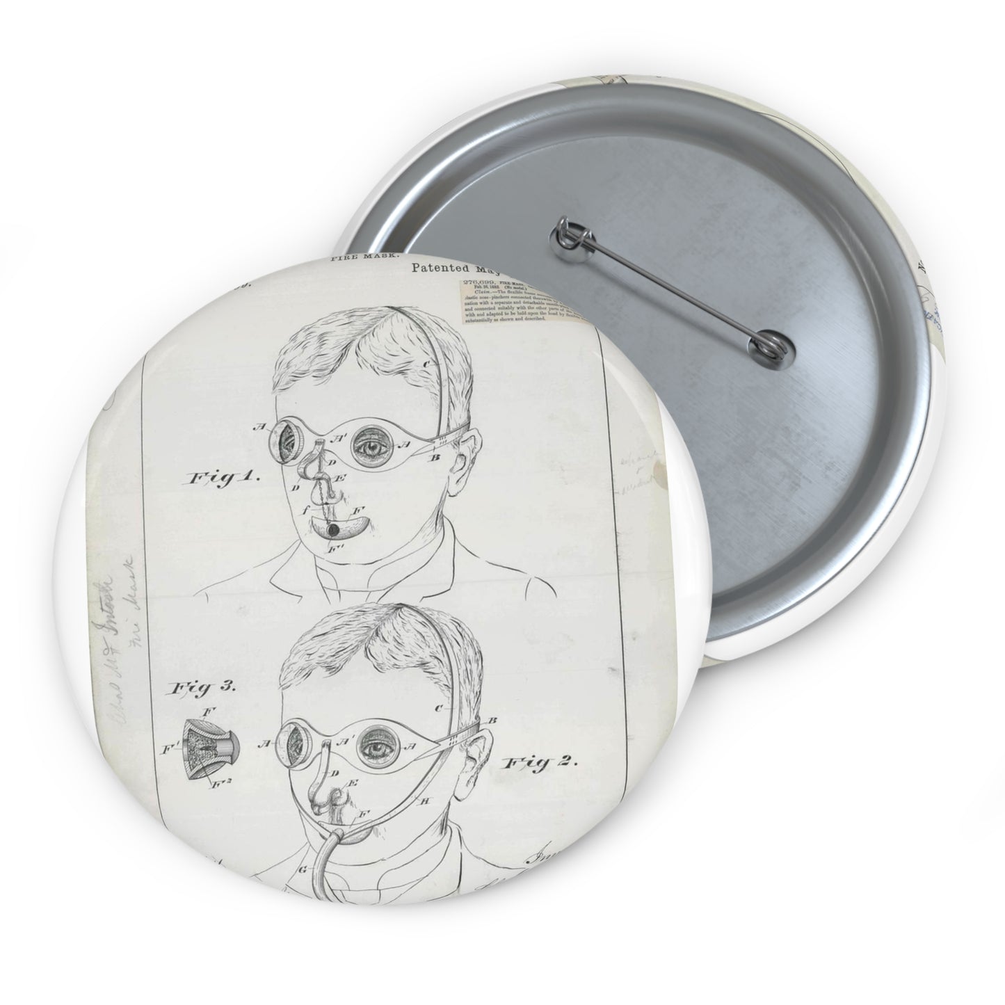 Patent drawing - for C. McIntosh's Fire Mask Public domain  image Pin Buttons with Crisp Design