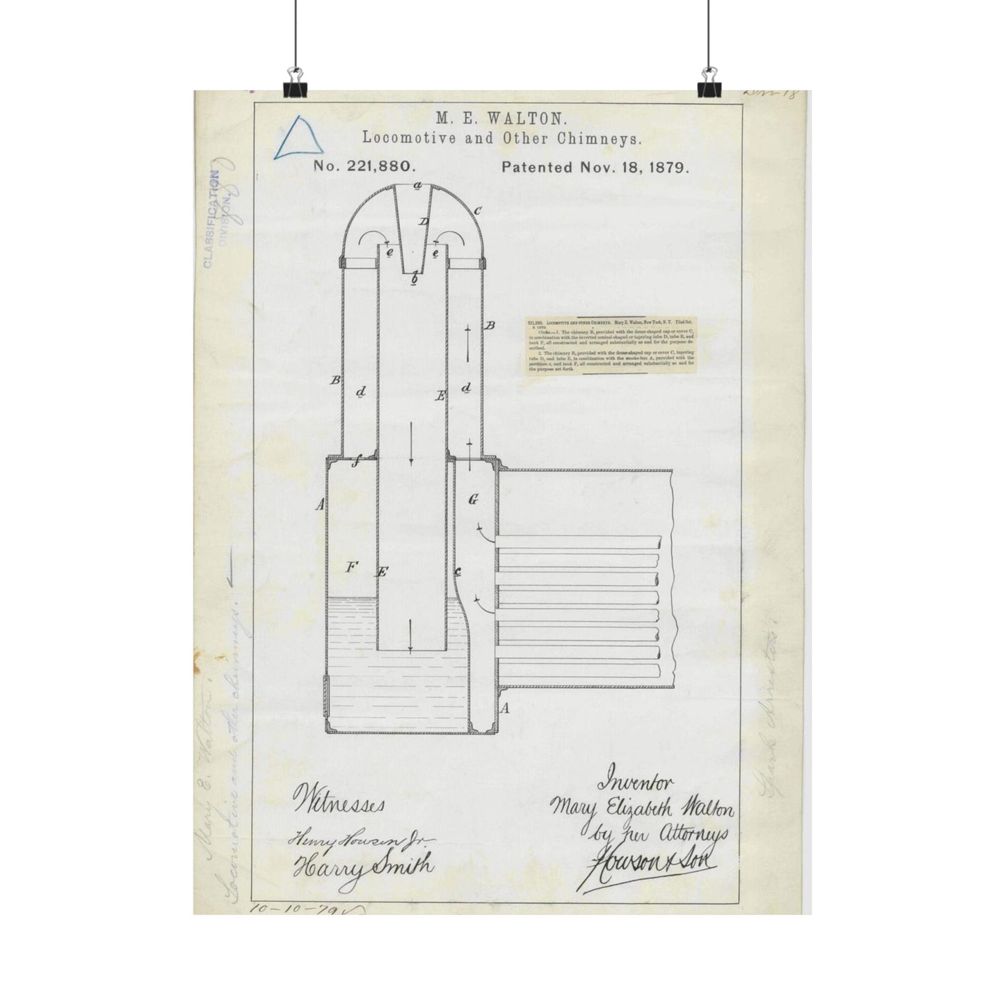 Patent Drawing of Engine - for M. E. Walton's Locomotive and Other Chimneys Public domain  image High Quality Matte Wall Art Poster for Home, Office, Classroom