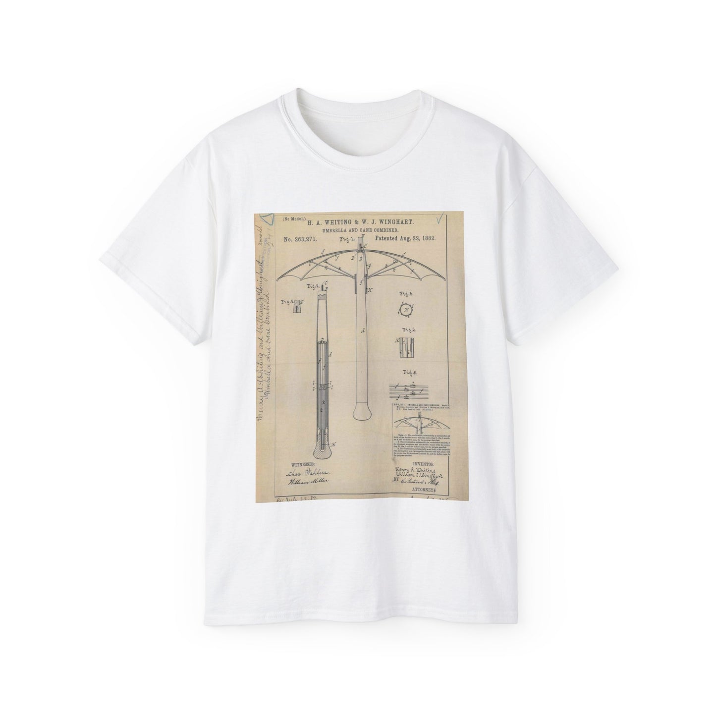 Patent drawing - for H. A. Whiting and W. J. Winghart's Umbrella and Cane Combined Public domain  image White T-Shirt Gildan 2000 Cotton Unisex