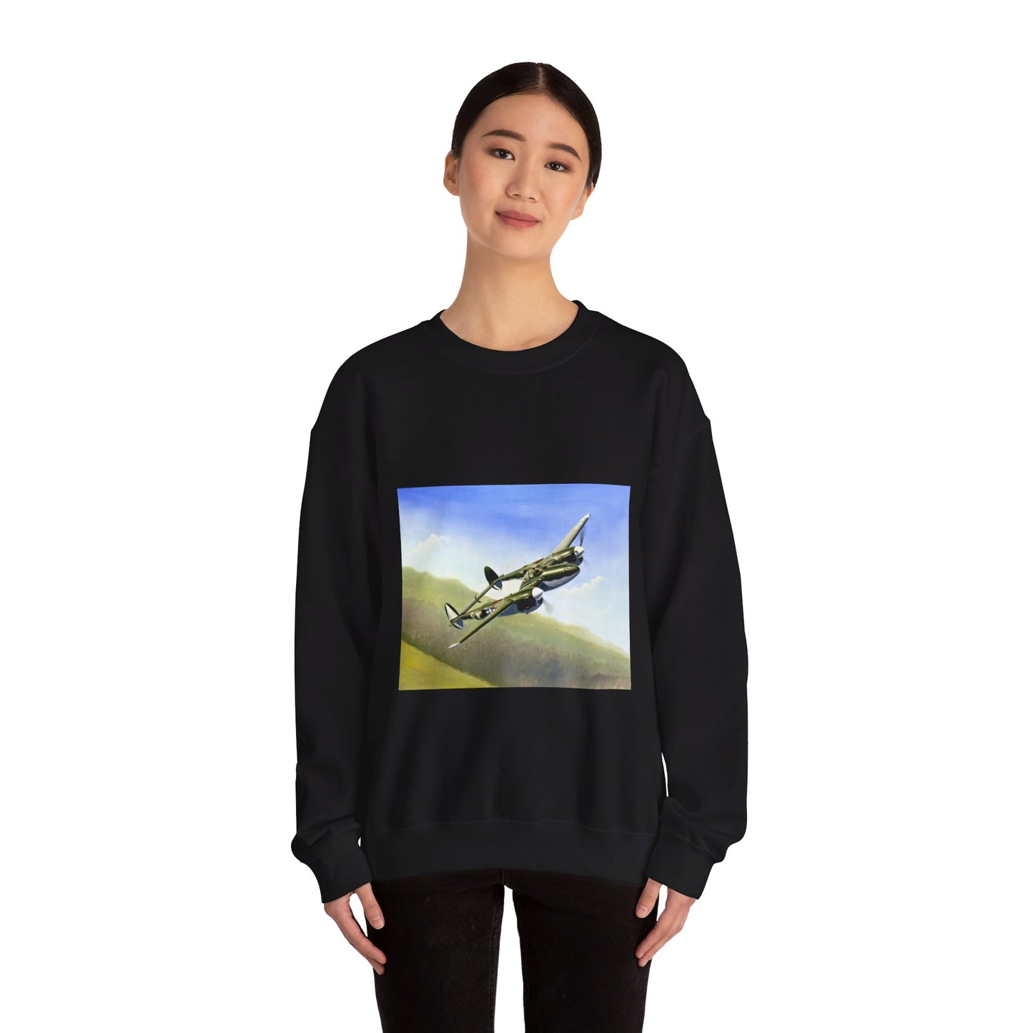 Artwork: "P-38 Lightning Artist: Dick Kramer (US Air Force Art Collection) Black Heavy Blend Adult Crew Neck SweatShirt