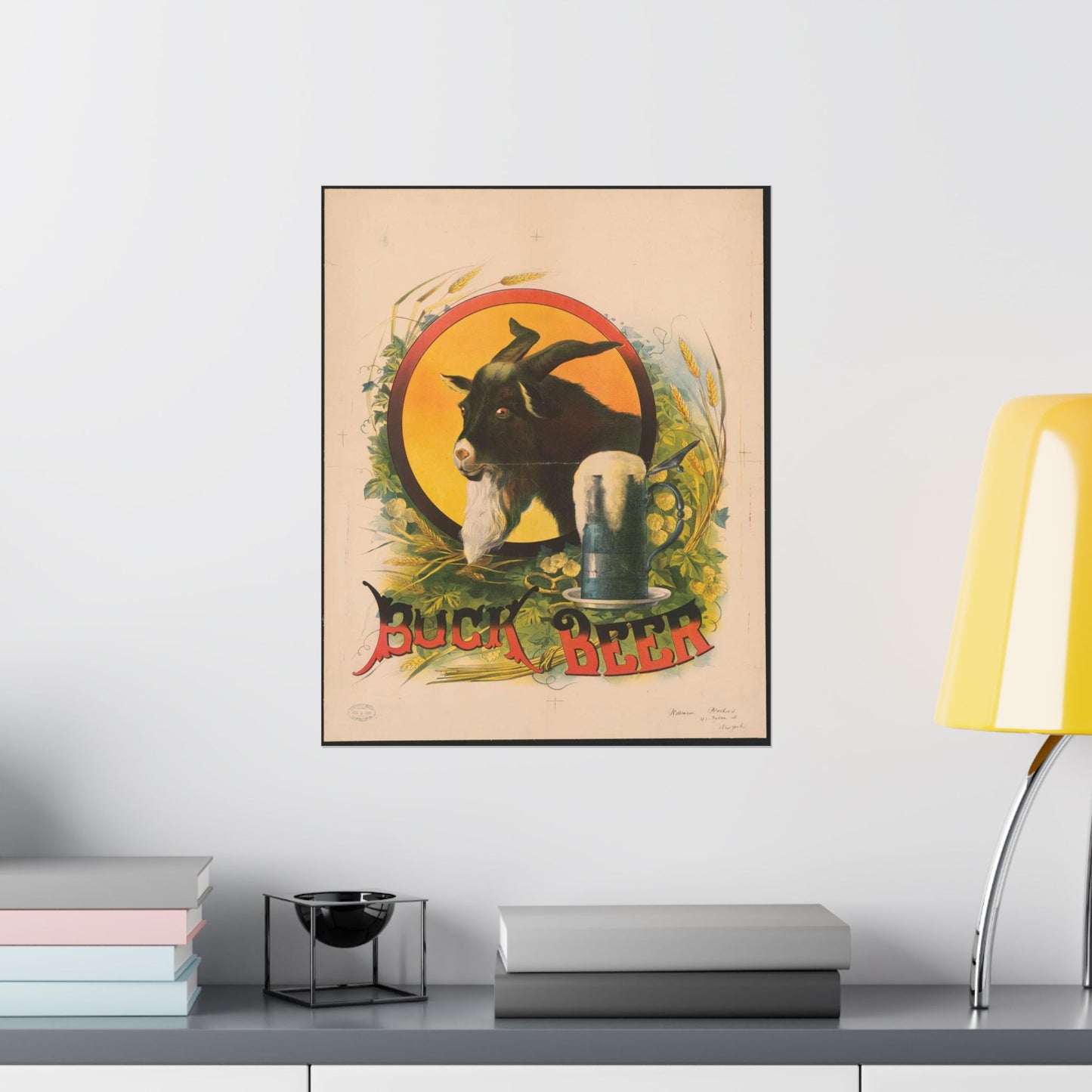 Bock Beer, the head of a goat inside an oval, with a stein of beer sitting on a bed of hops, underneath the oval High Quality Matte Wall Art Poster for Home, Office, Classroom