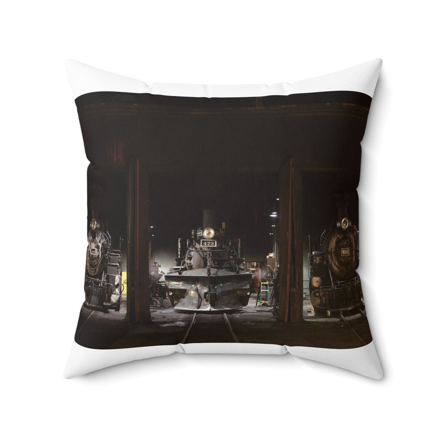 Steam locomotives in the roundhouse of the Durango & Silverton Narrow Gauge Scenic Railroad in Durango, Colorado Decorative Accent Square Pillow