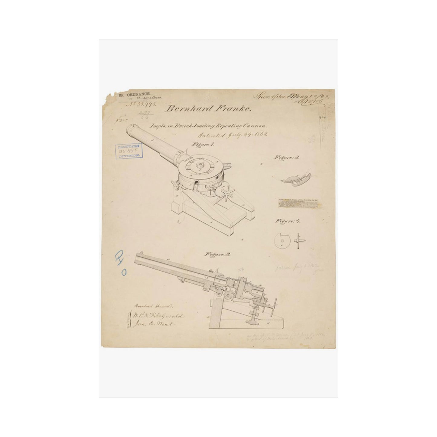 Patent drawing - Drawing of Improvements in Breech-Loading Repeating Cannon Public domain  image High Quality Matte Wall Art Poster for Home, Office, Classroom