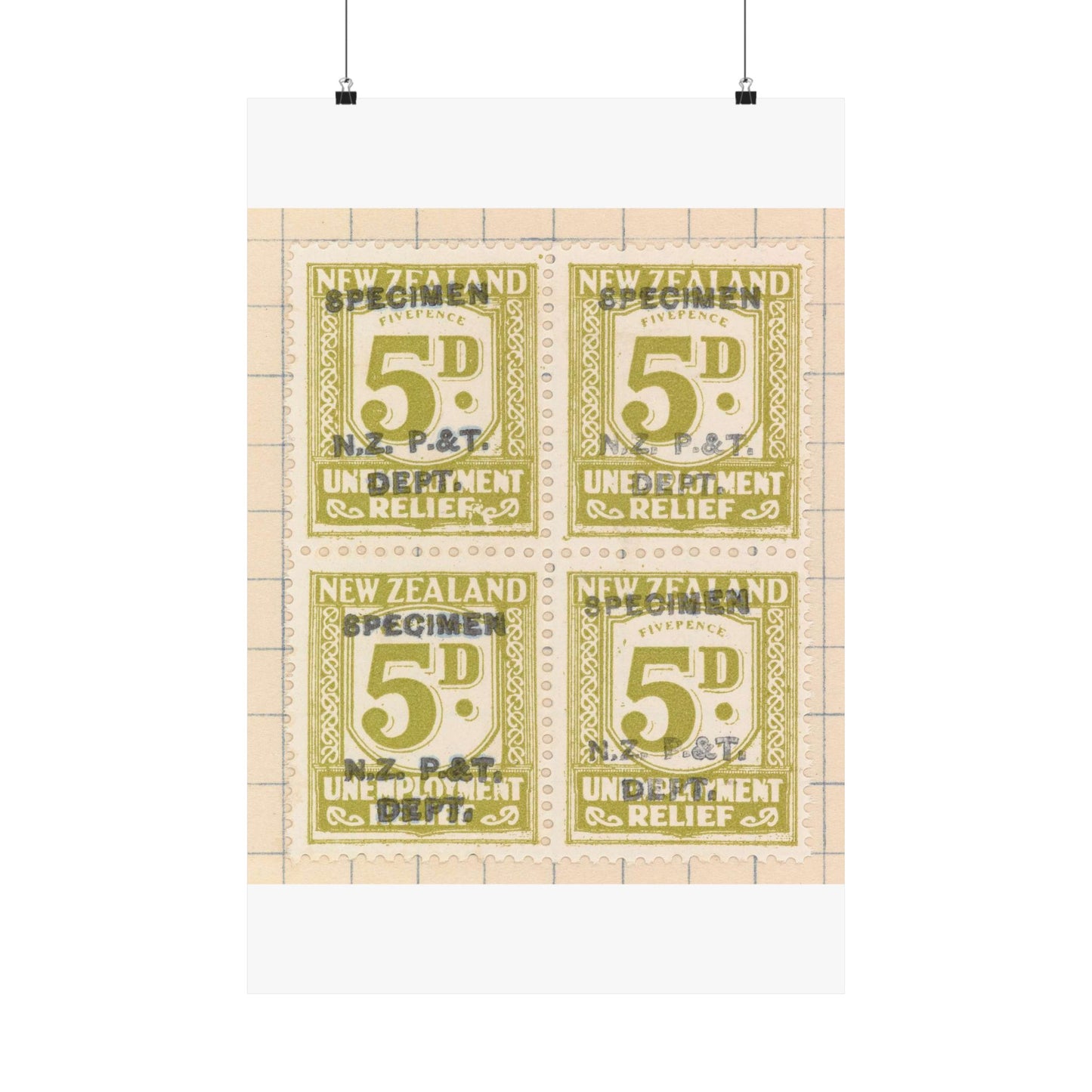 Block of five penny Unemployment Relief stamps overprinted 'Specimen' High Quality Matte Wall Art Poster for Home, Office, Classroom