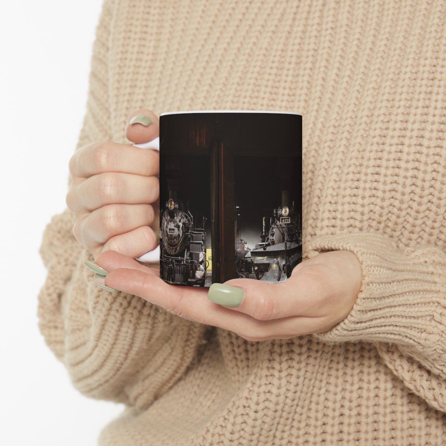 Steam locomotives in the roundhouse of the Durango & Silverton Narrow Gauge Scenic Railroad in Durango, Colorado Beautiful Novelty Ceramic Coffee Mug 11oz