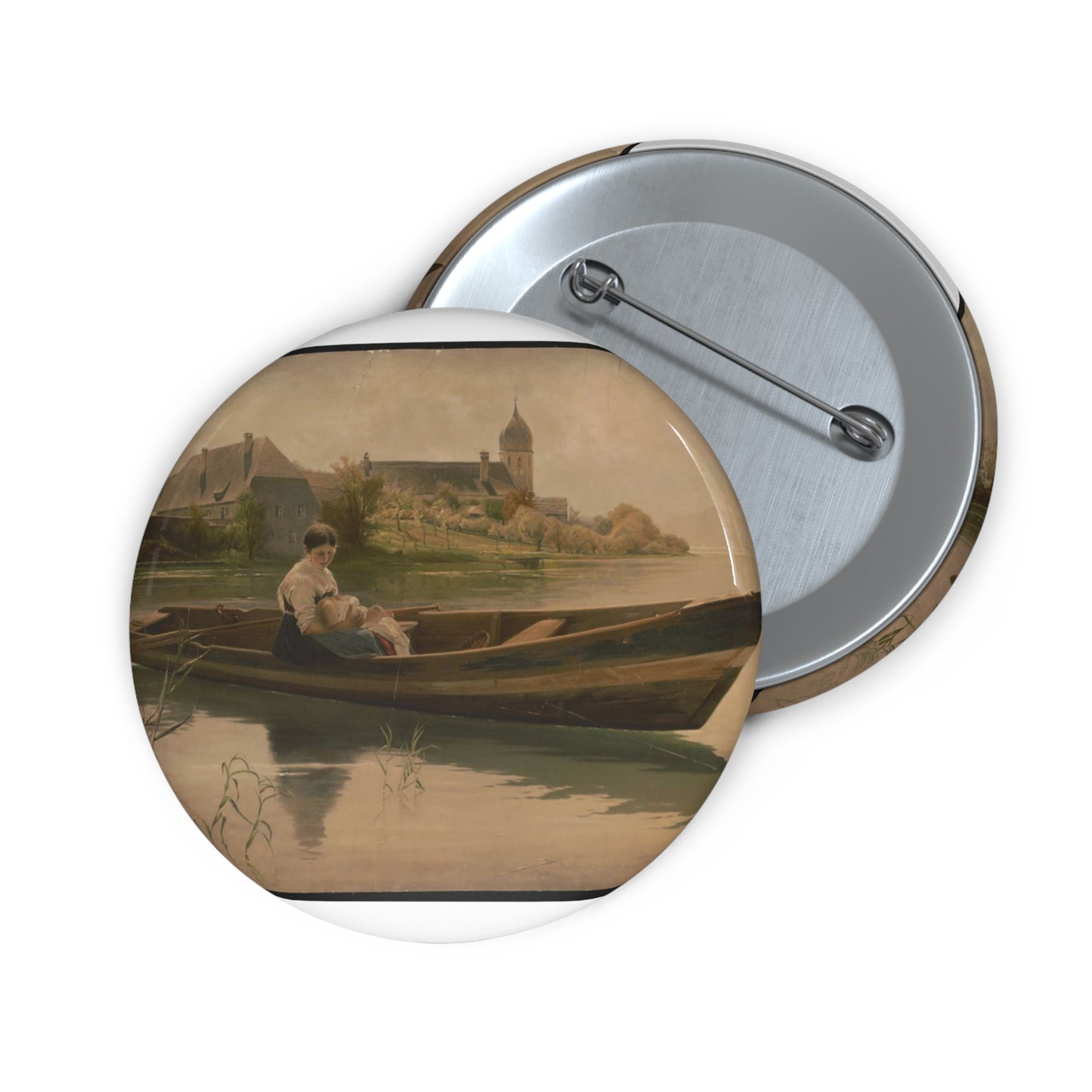 Woman holding infant in rowboat Pin Buttons with Crisp Design