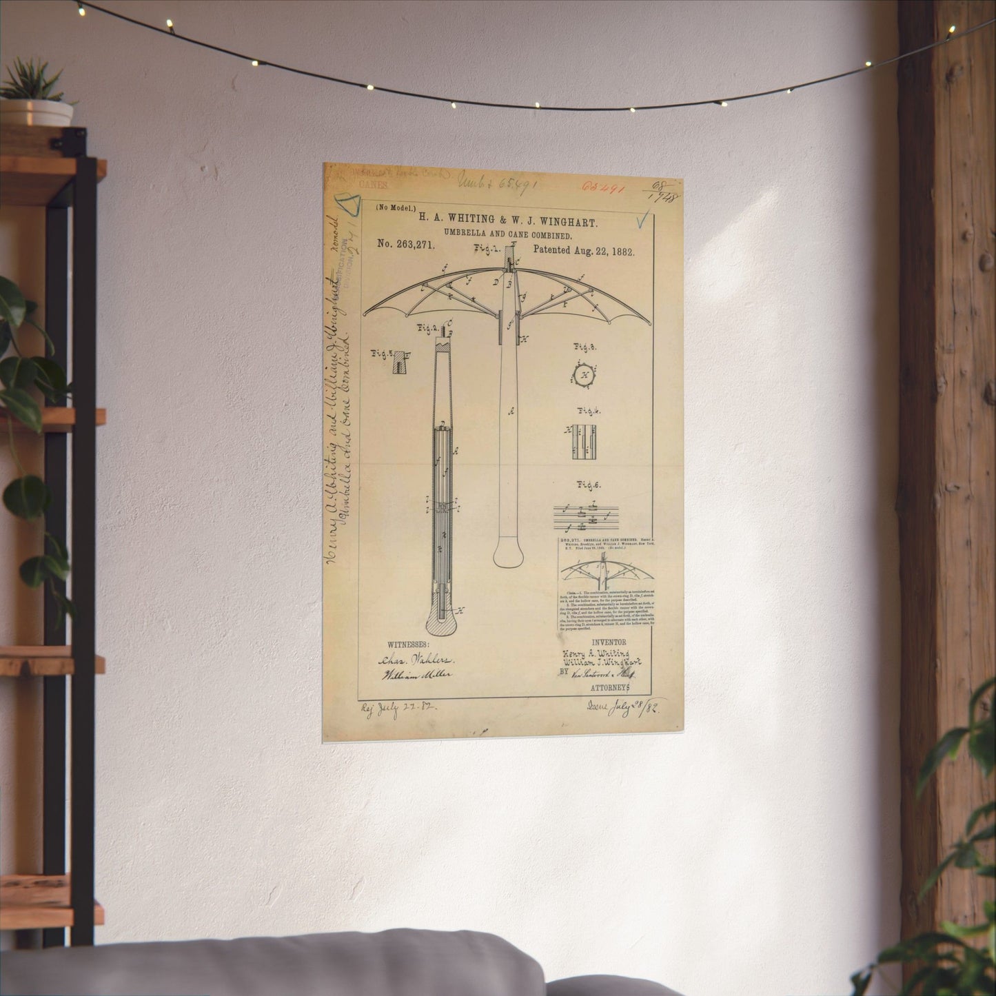 Patent drawing - for H. A. Whiting and W. J. Winghart's Umbrella and Cane Combined Public domain  image High Quality Matte Wall Art Poster for Home, Office, Classroom