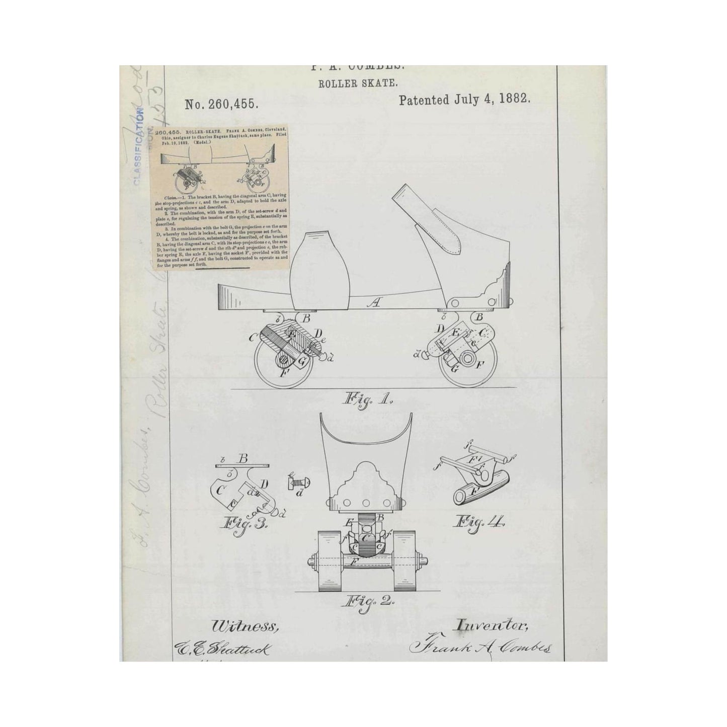 Patent drawing - for F. A. Combes' Roller Skate Public domain  image High Quality Matte Wall Art Poster for Home, Office, Classroom
