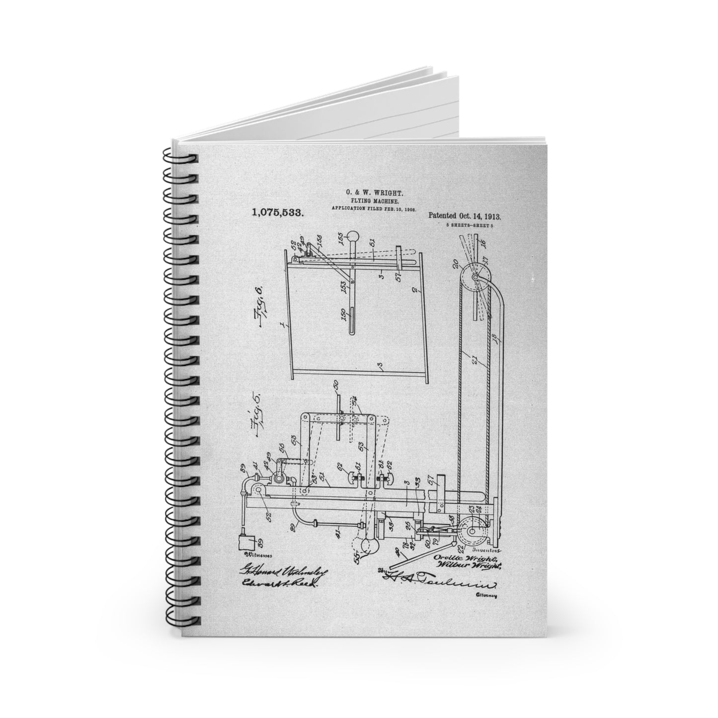 Patent drawing - Subject File: Patents--By Wright Brothers--USA--filed 10 February 1908, patented 14 October 1913 Public domain  image Spiral Bound Ruled Notebook with Printed Cover